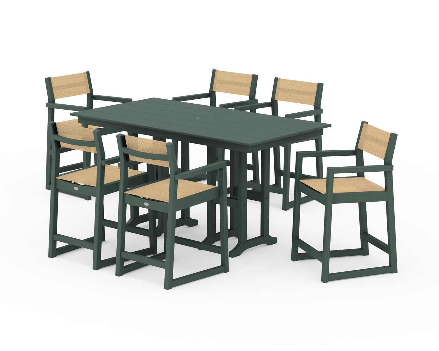 POLYWOOD EDGE Sling Arm Chair 7-Piece Farmhouse Counter Set — Green / Dupioni Apricot Sling