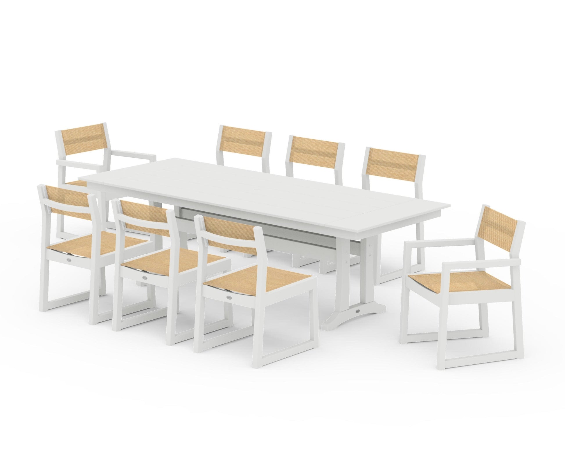 POLYWOOD EDGE Sling 9-Piece Farmhouse Trestle Dining Set — Vintage White / Dupioni Apricot Sling