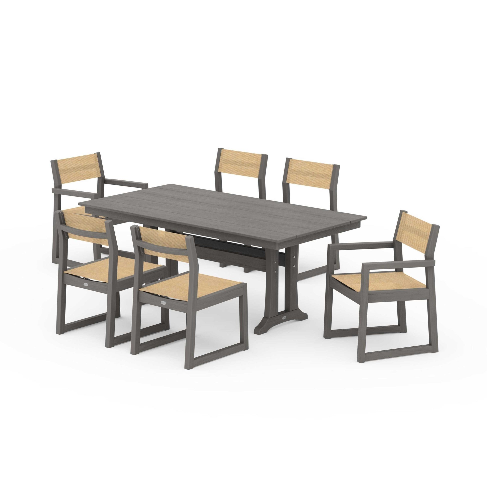 POLYWOOD EDGE Sling 7-Piece Farmhouse Trestle Dining Set — Driftwood / Dupioni Apricot Sling