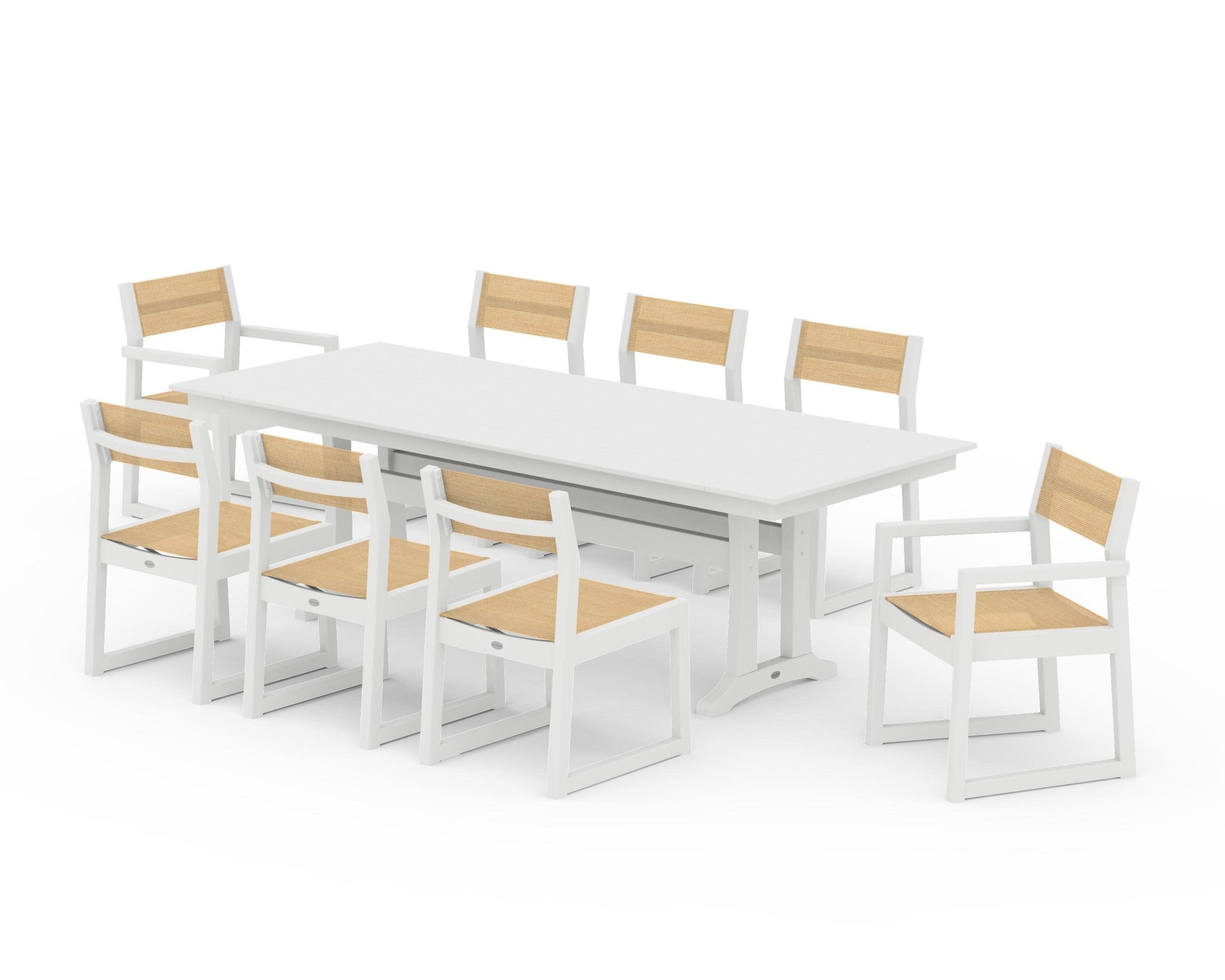 POLYWOOD EDGE Sling 9-Piece Farmhouse Trestle Dining Set — White / Dupioni Apricot Sling