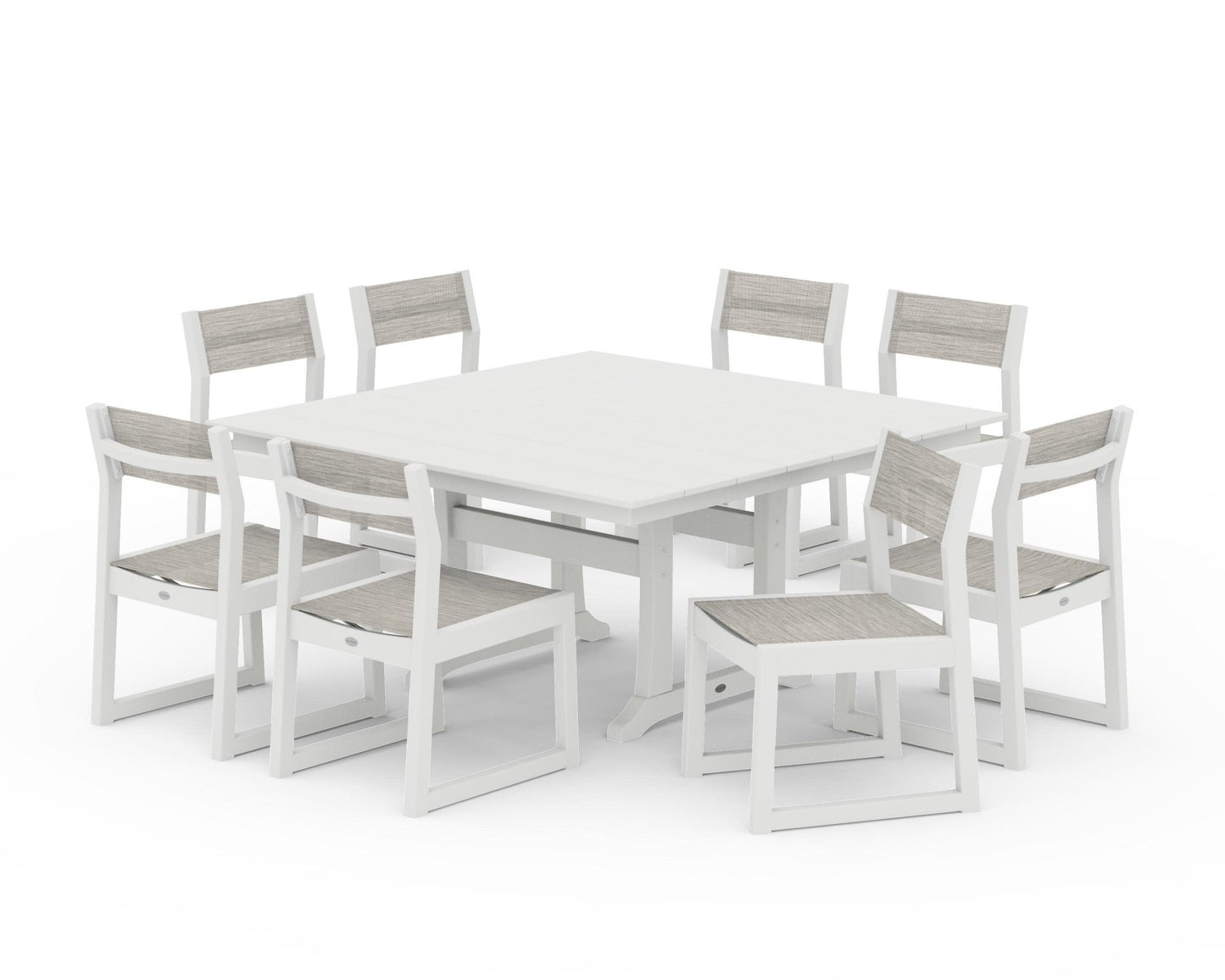 POLYWOOD EDGE Sling Side Chair 9-Piece Farmhouse Trestle Dining Set — Vintage White / Birch Sling