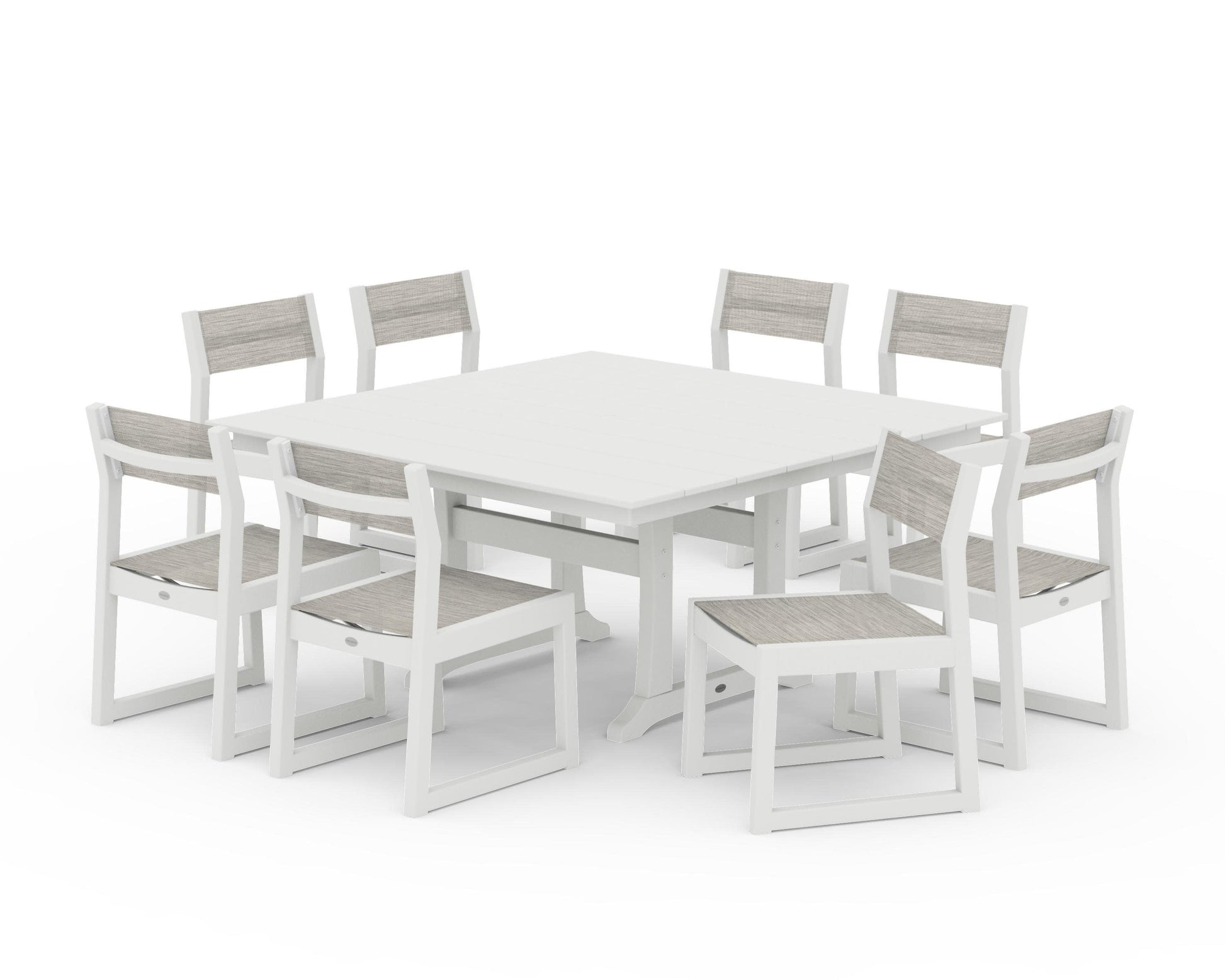 POLYWOOD EDGE Sling Side Chair 9-Piece Farmhouse Trestle Dining Set — Vintage White / Birch Sling
