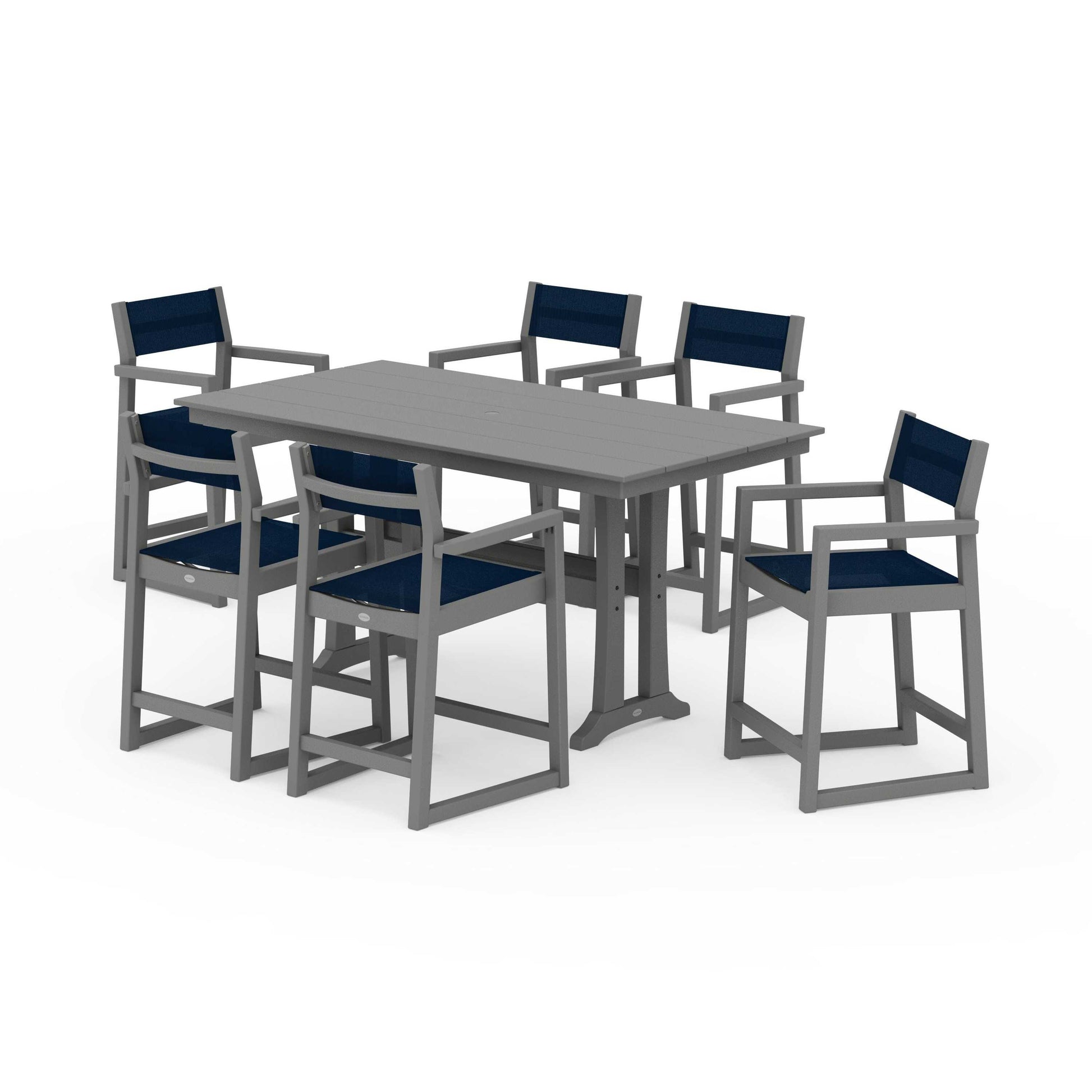 POLYWOOD EDGE Sling Arm Chair 7-Piece Farmhouse Counter Set with Trestle Legs — Slate Grey / Navy Blue Sling