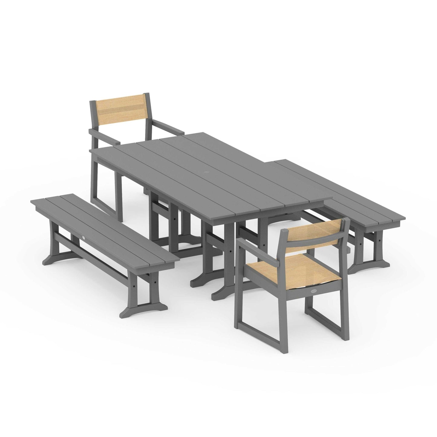 POLYWOOD EDGE Sling Arm Chair 5-Piece Farmhouse Dining Set with Benches — Slate Grey / Dupioni Apricot Sling