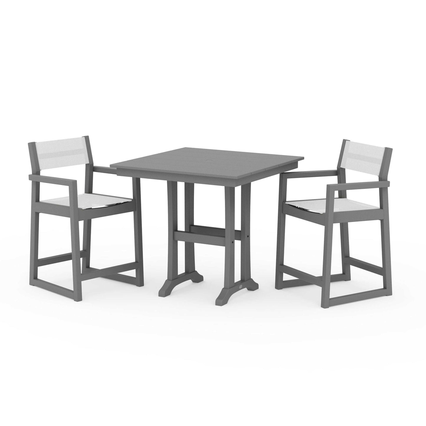 POLYWOOD EDGE Sling Arm Chair 3-Piece Farmhouse Counter Set with Trestle Legs — Slate Grey / White Sling