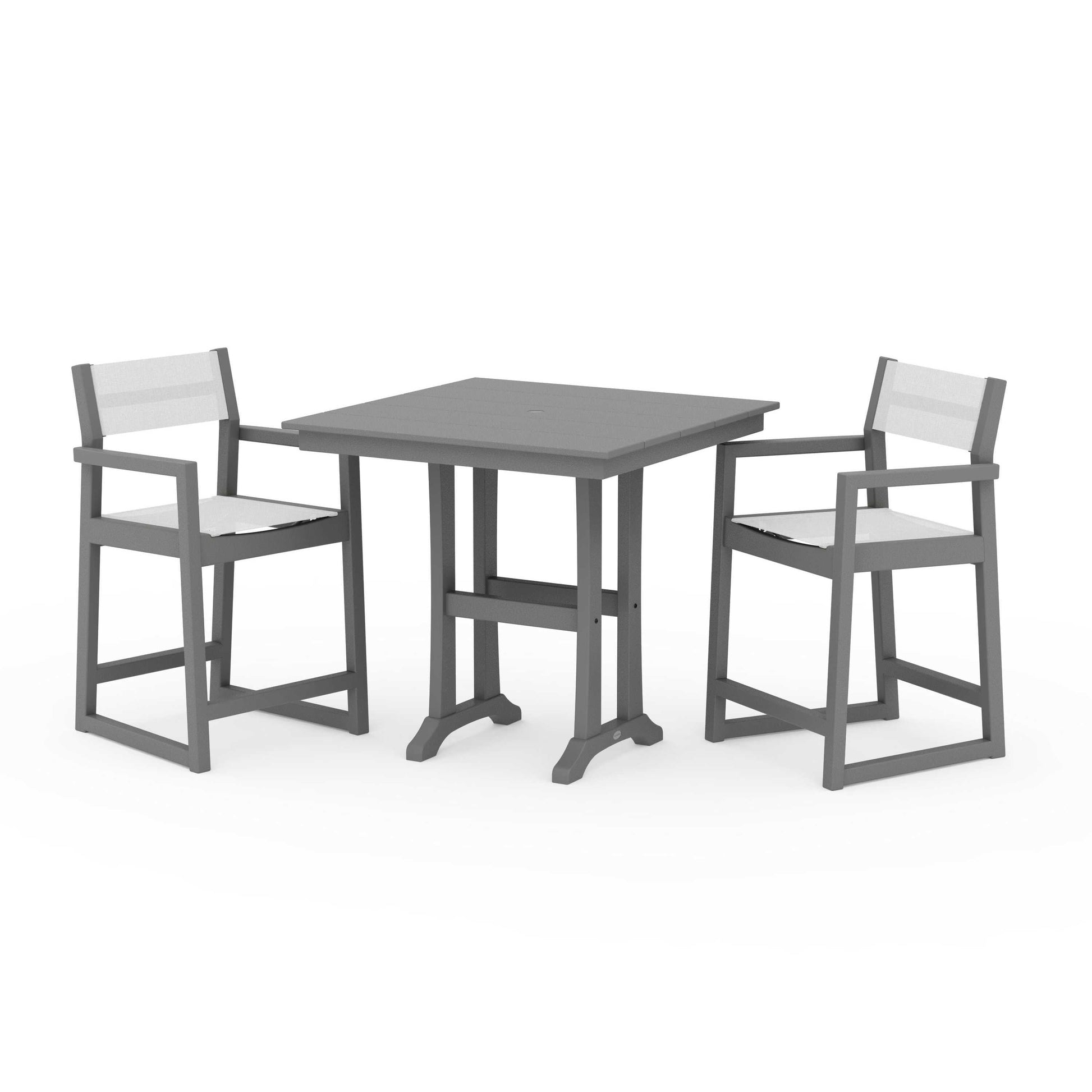 POLYWOOD EDGE Sling Arm Chair 3-Piece Farmhouse Counter Set with Trestle Legs — Slate Grey / White Sling