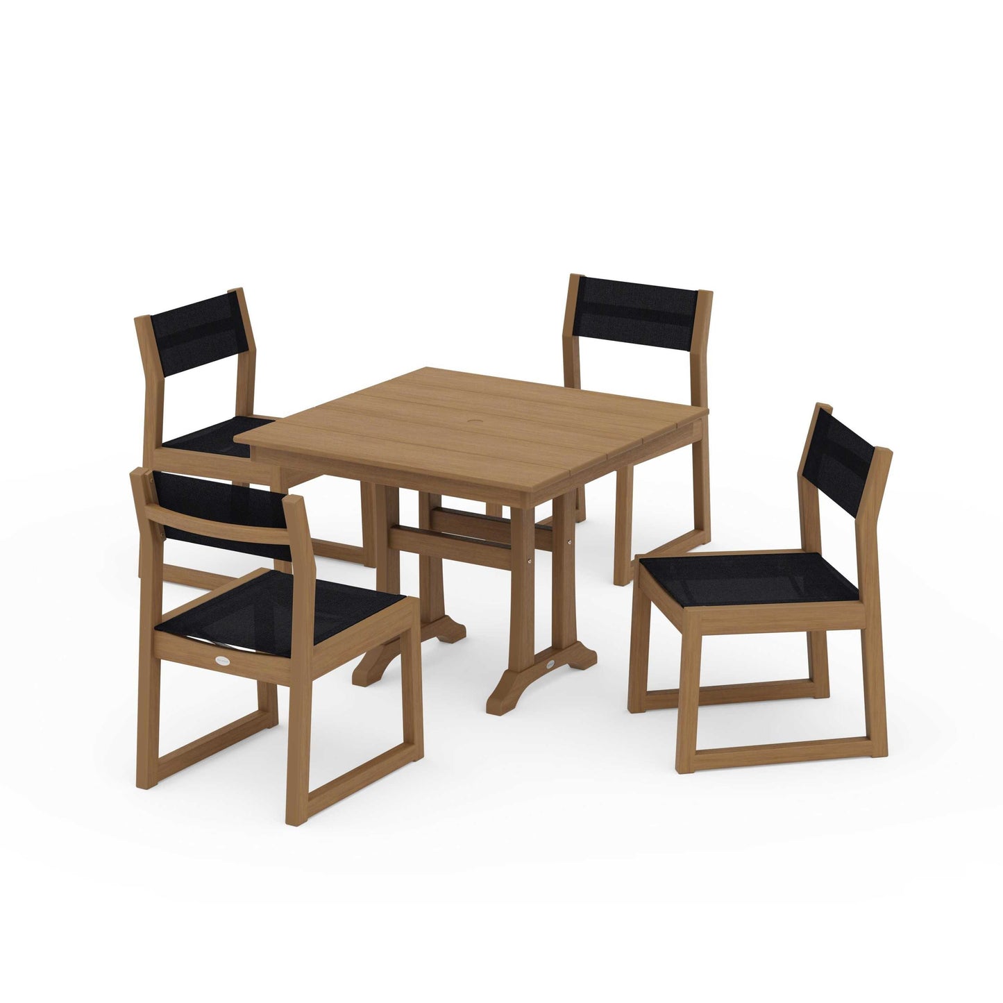 POLYWOOD EDGE Sling 5-Piece Farmhouse Trestle Side Chair Dining Set — Natural / Black Sling