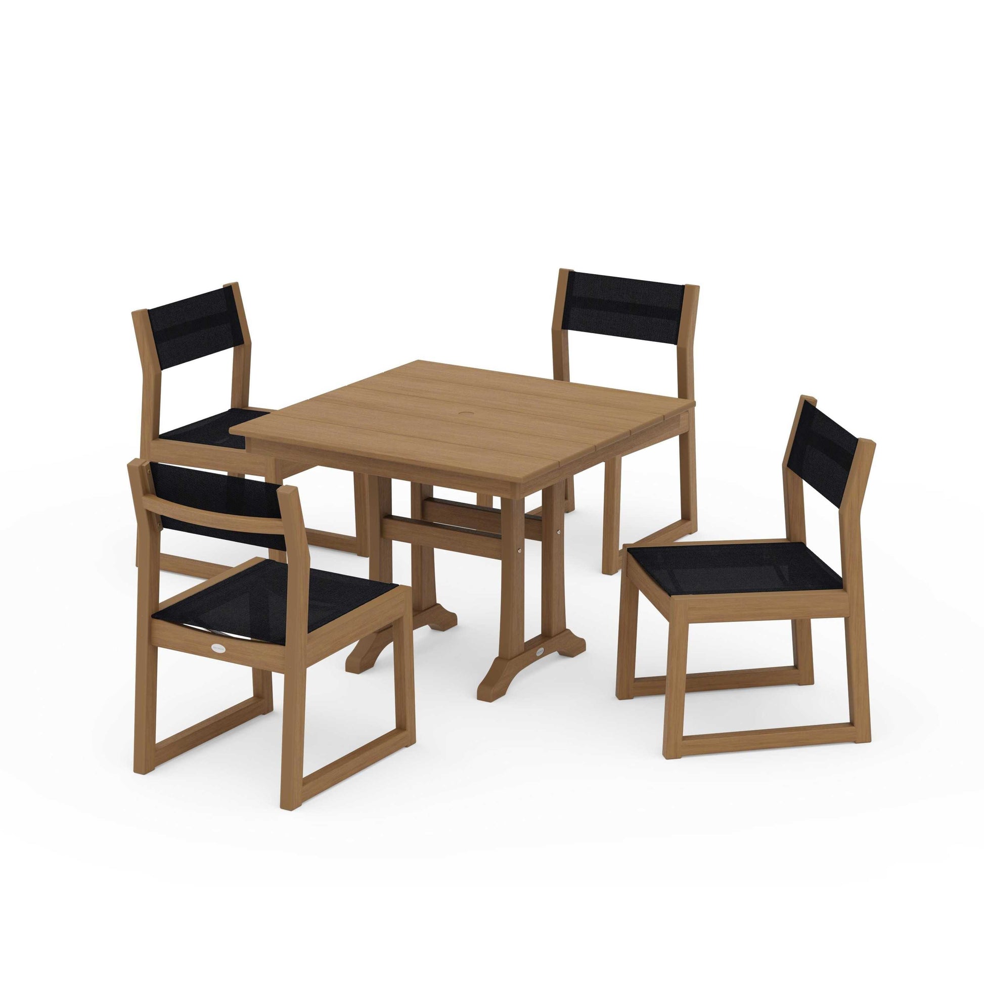 POLYWOOD EDGE Sling 5-Piece Farmhouse Trestle Side Chair Dining Set — Natural / Black Sling