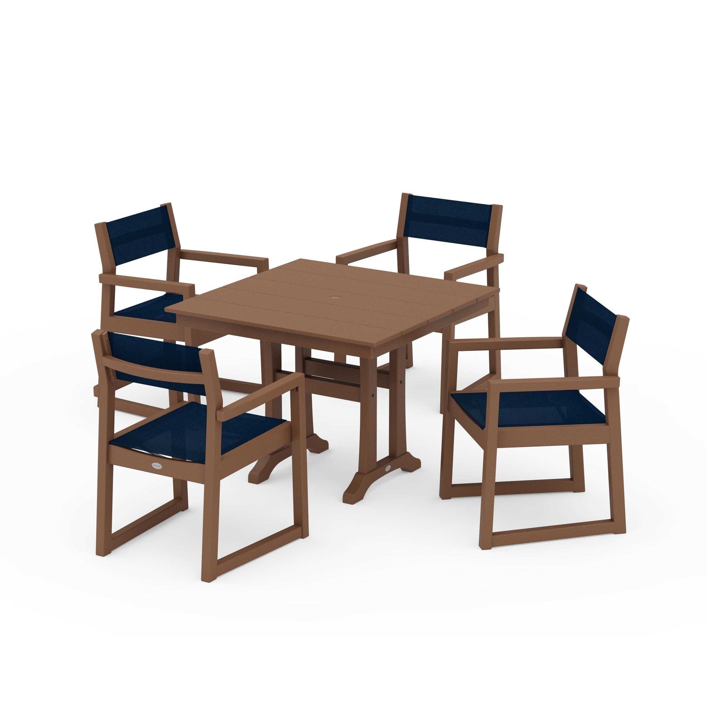 POLYWOOD EDGE Sling 5-Piece Farmhouse Dining Set with Trestle Legs — Teak / Navy Blue Sling