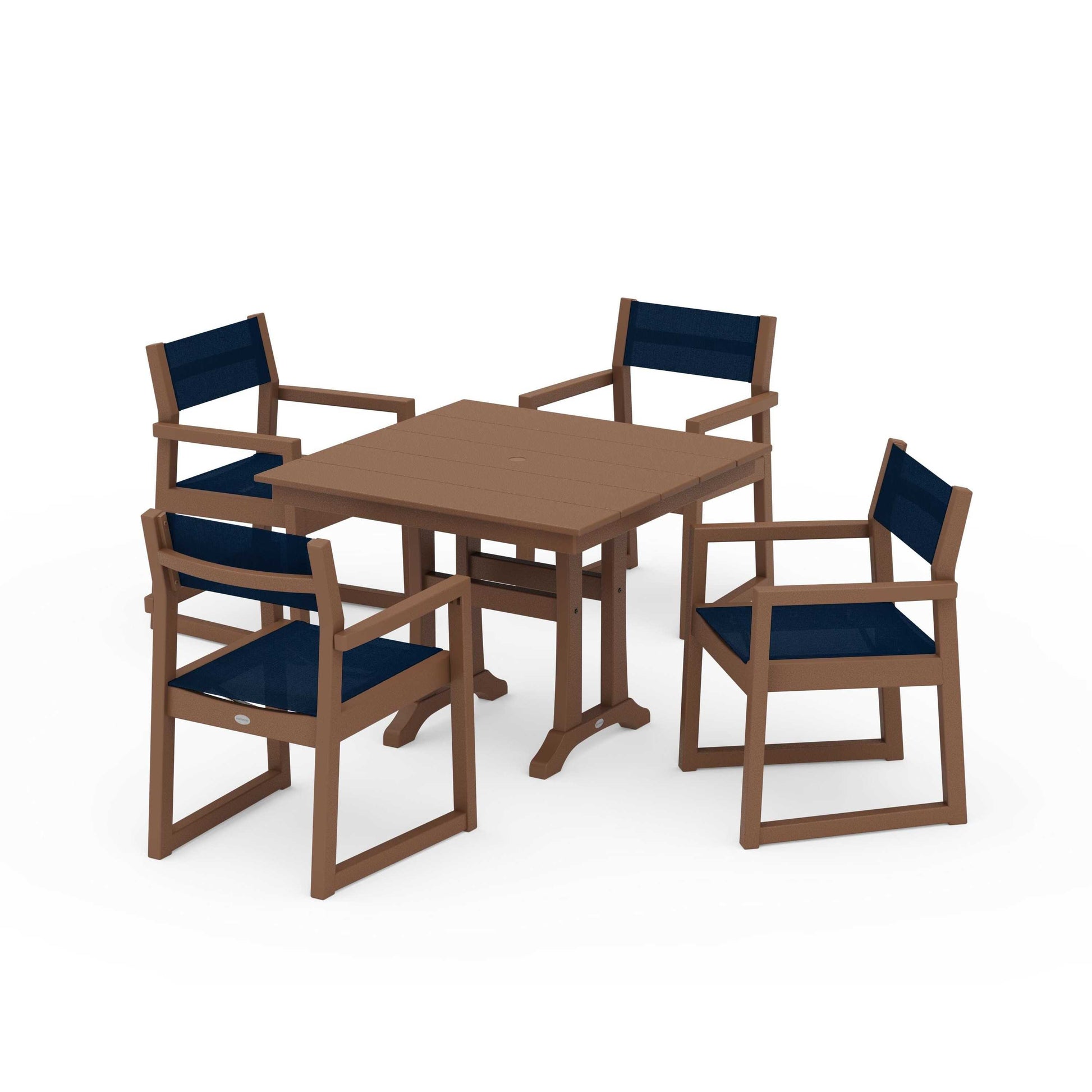 POLYWOOD EDGE Sling 5-Piece Farmhouse Dining Set with Trestle Legs — Teak / Navy Blue Sling