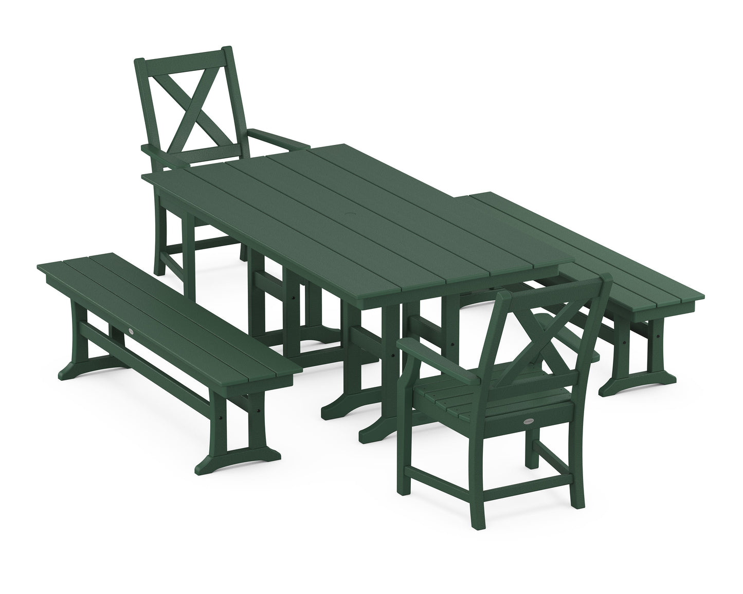 POLYWOOD Braxton 5-Piece Farmhouse Dining Set with Benches — Green