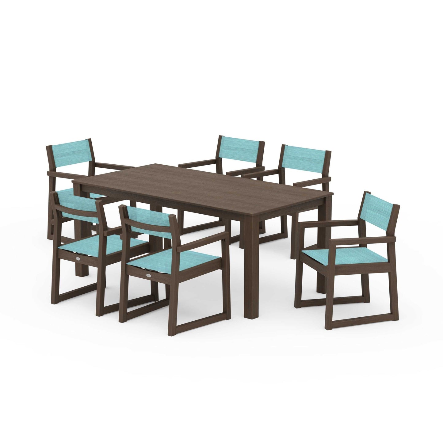 POLYWOOD EDGE Sling Arm Chair 7-Piece Parsons Dining Set — Kona / Dupioni Aquamarine Sling