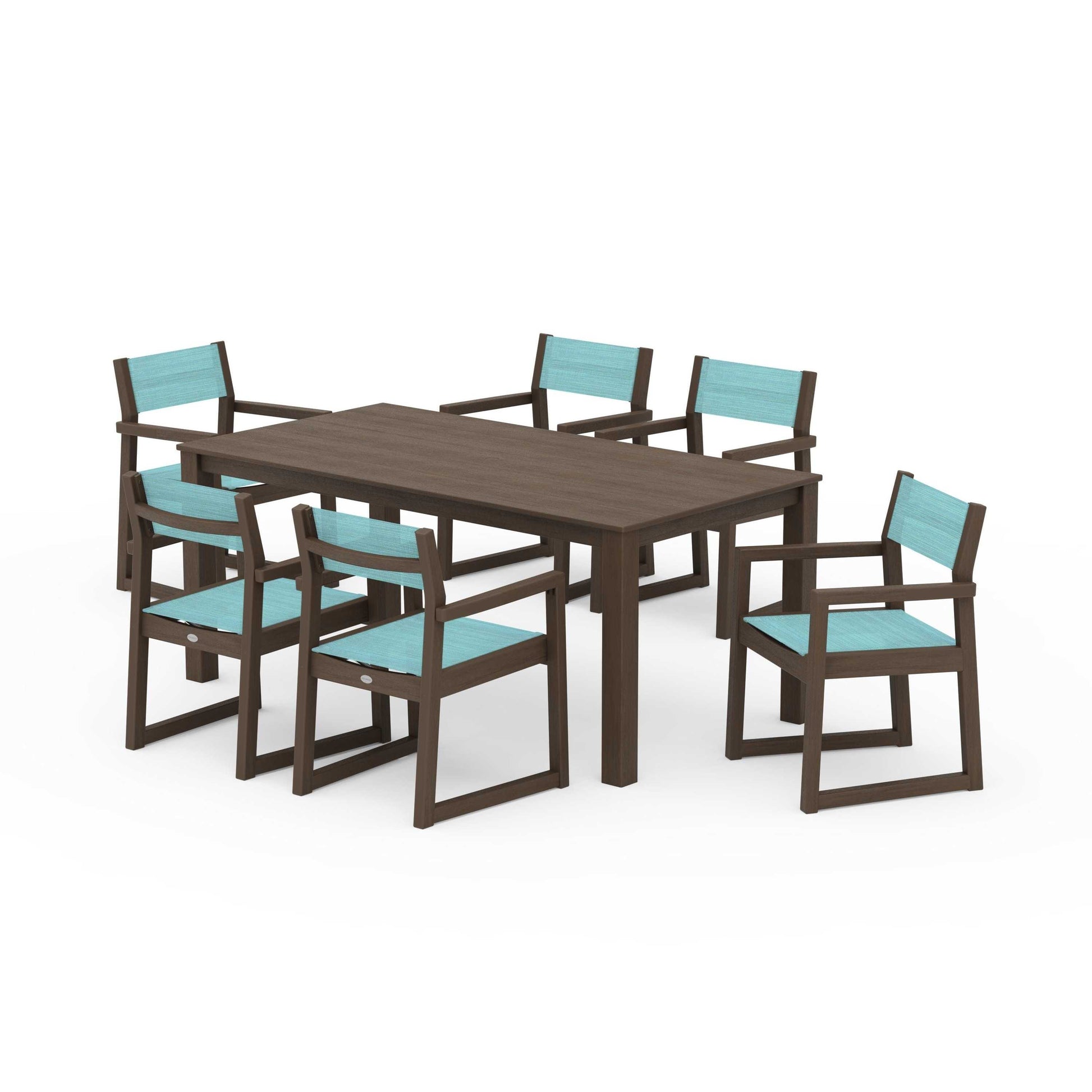 POLYWOOD EDGE Sling Arm Chair 7-Piece Parsons Dining Set — Kona / Dupioni Aquamarine Sling