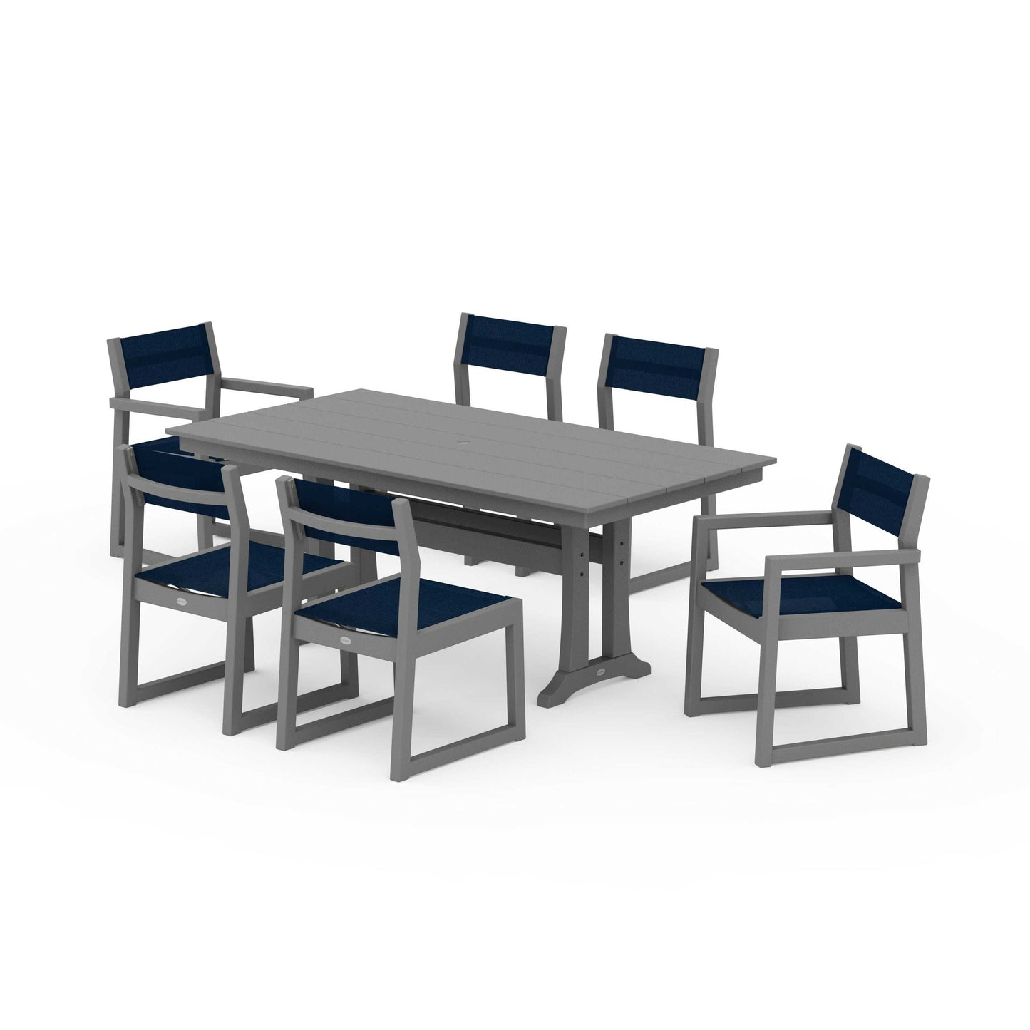 POLYWOOD EDGE Sling 7-Piece Farmhouse Trestle Dining Set — Slate Grey / Navy Blue Sling