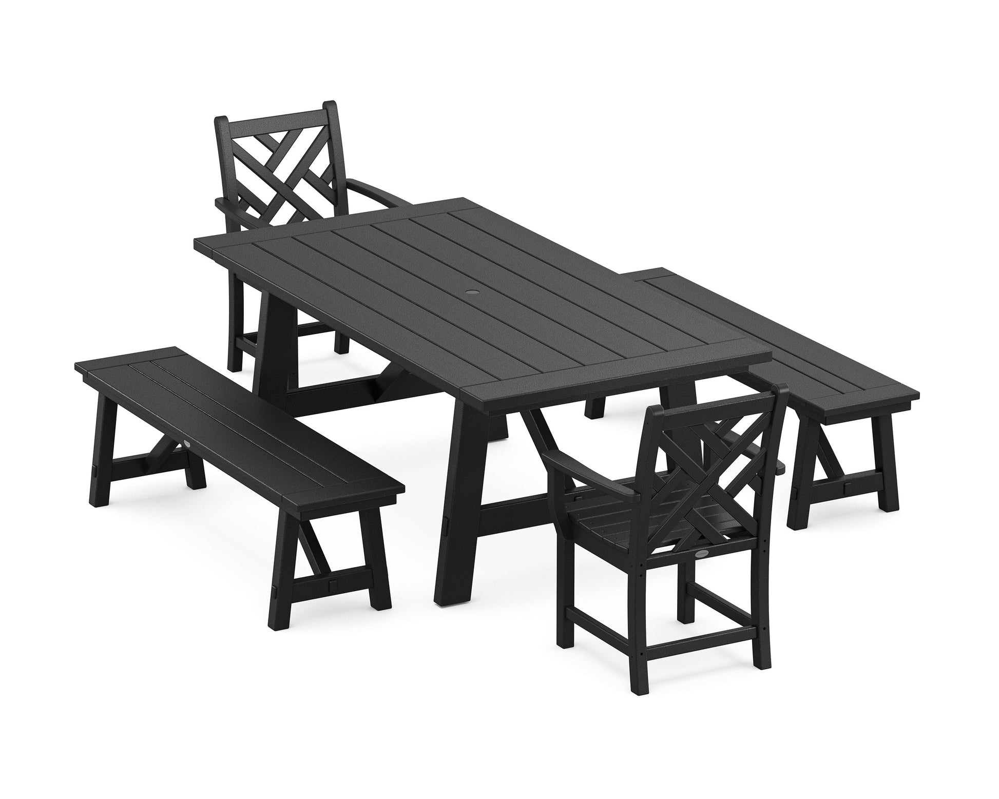 POLYWOOD Chippendale 5-Piece Rustic Farmhouse Dining Set With Benches — Black