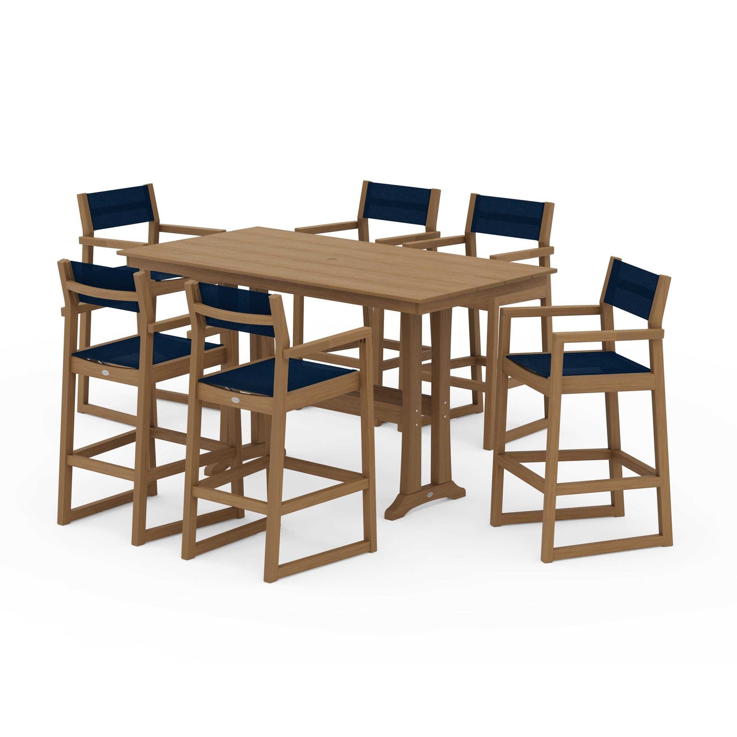 POLYWOOD EDGE Sling Arm Chair 7-Piece Farmhouse Bar Set with Trestle Legs — Natural / Navy Blue Sling