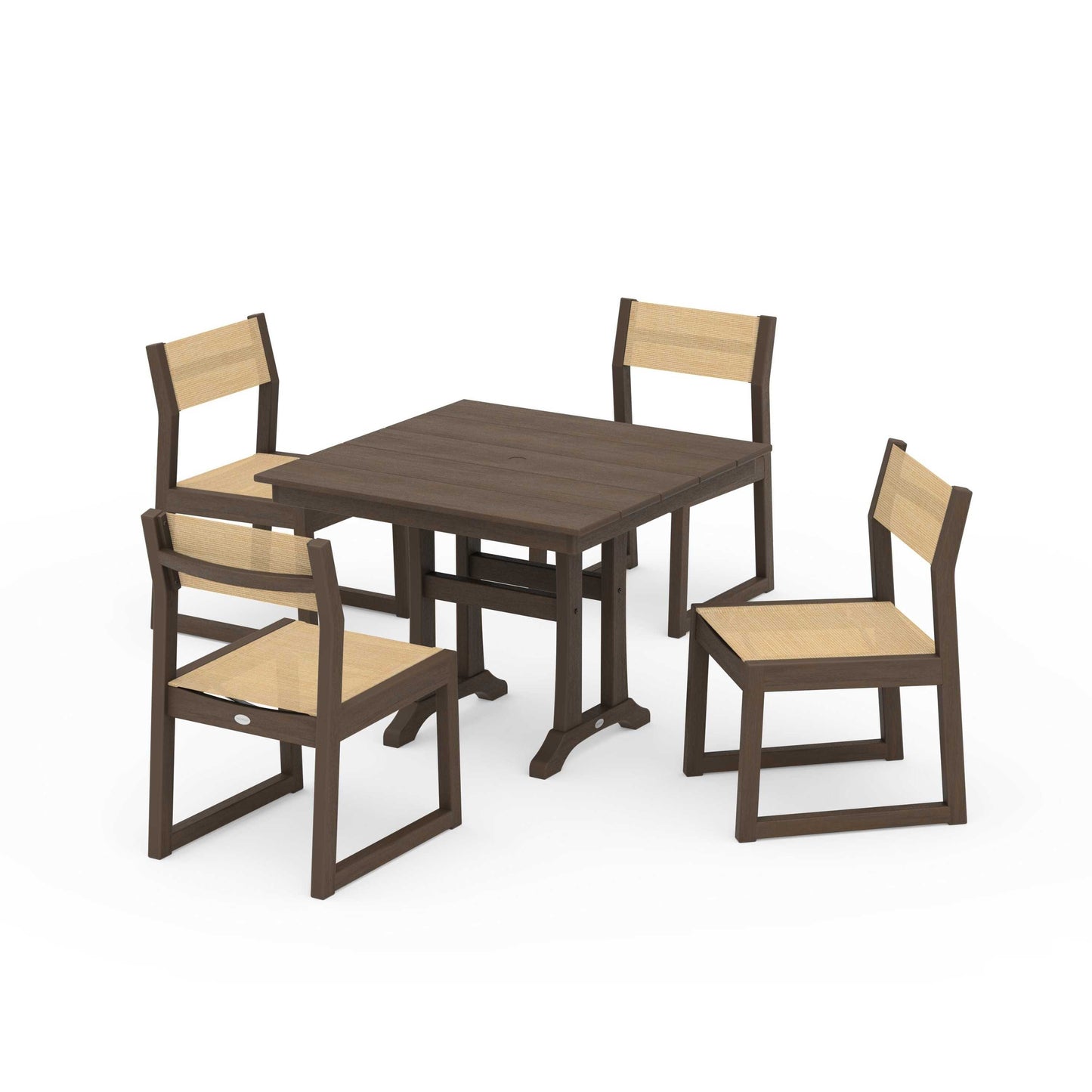 POLYWOOD EDGE Sling 5-Piece Farmhouse Trestle Side Chair Dining Set — Kona / Dupioni Apricot Sling