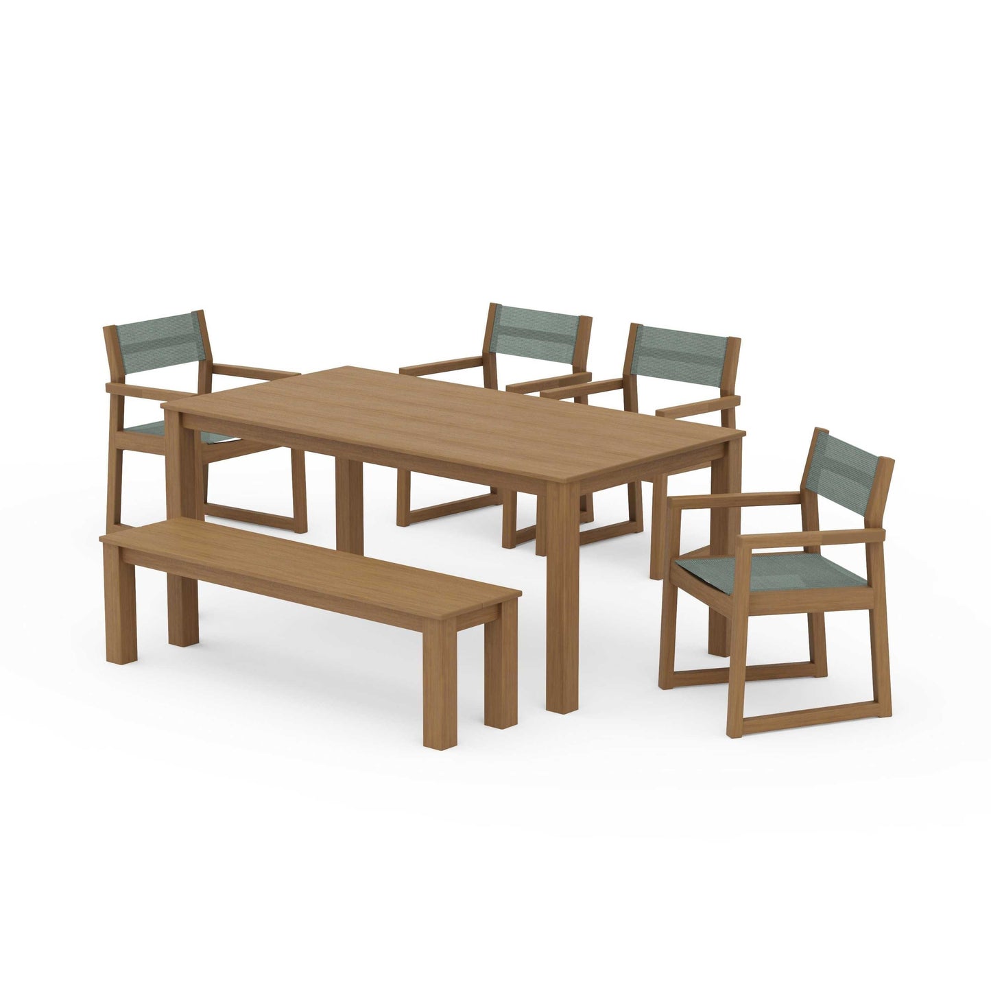 POLYWOOD EDGE Sling Arm Chair 6-Piece Parsons Dining Set with Bench — Natural / Dupioni Sea Mist Sling