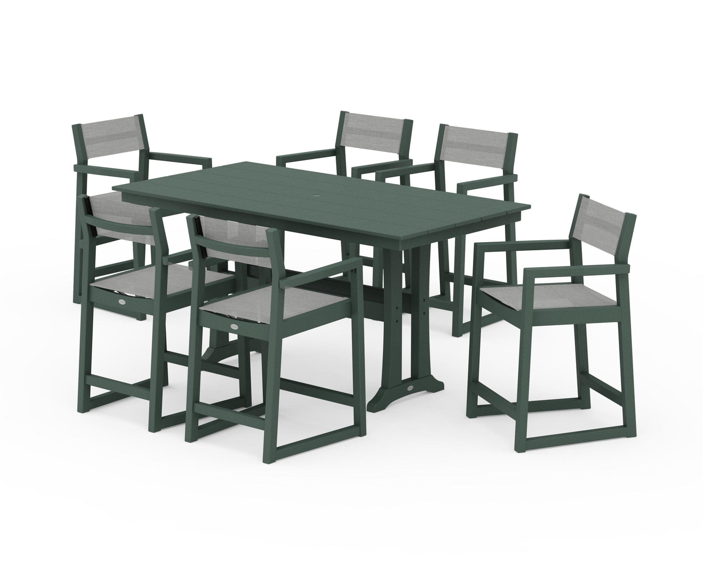 POLYWOOD EDGE Sling Arm Chair 7-Piece Farmhouse Counter Set with Trestle Legs — Green / Metallic Sling