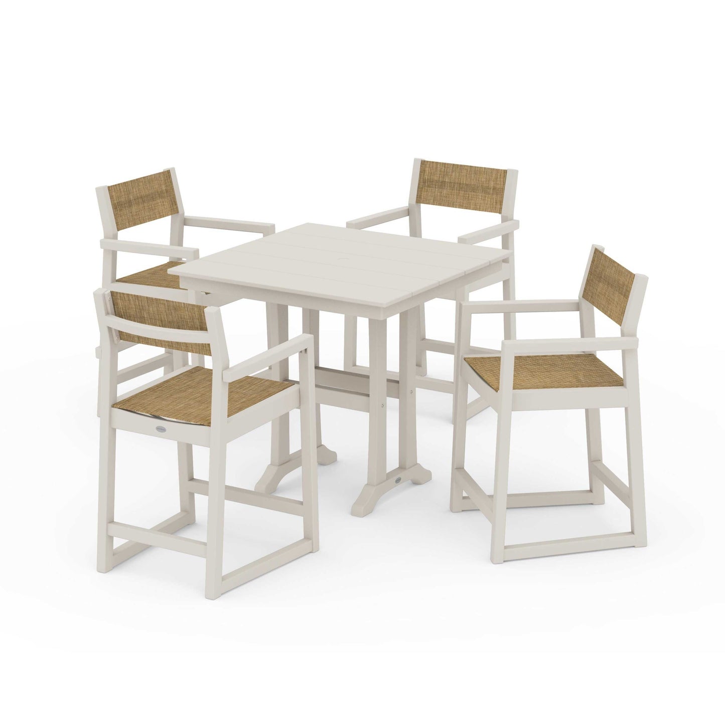 POLYWOOD EDGE Sling Arm Chair 5-Piece Farmhouse Counter Set with Trestle Legs — Sand / Burlap Sling