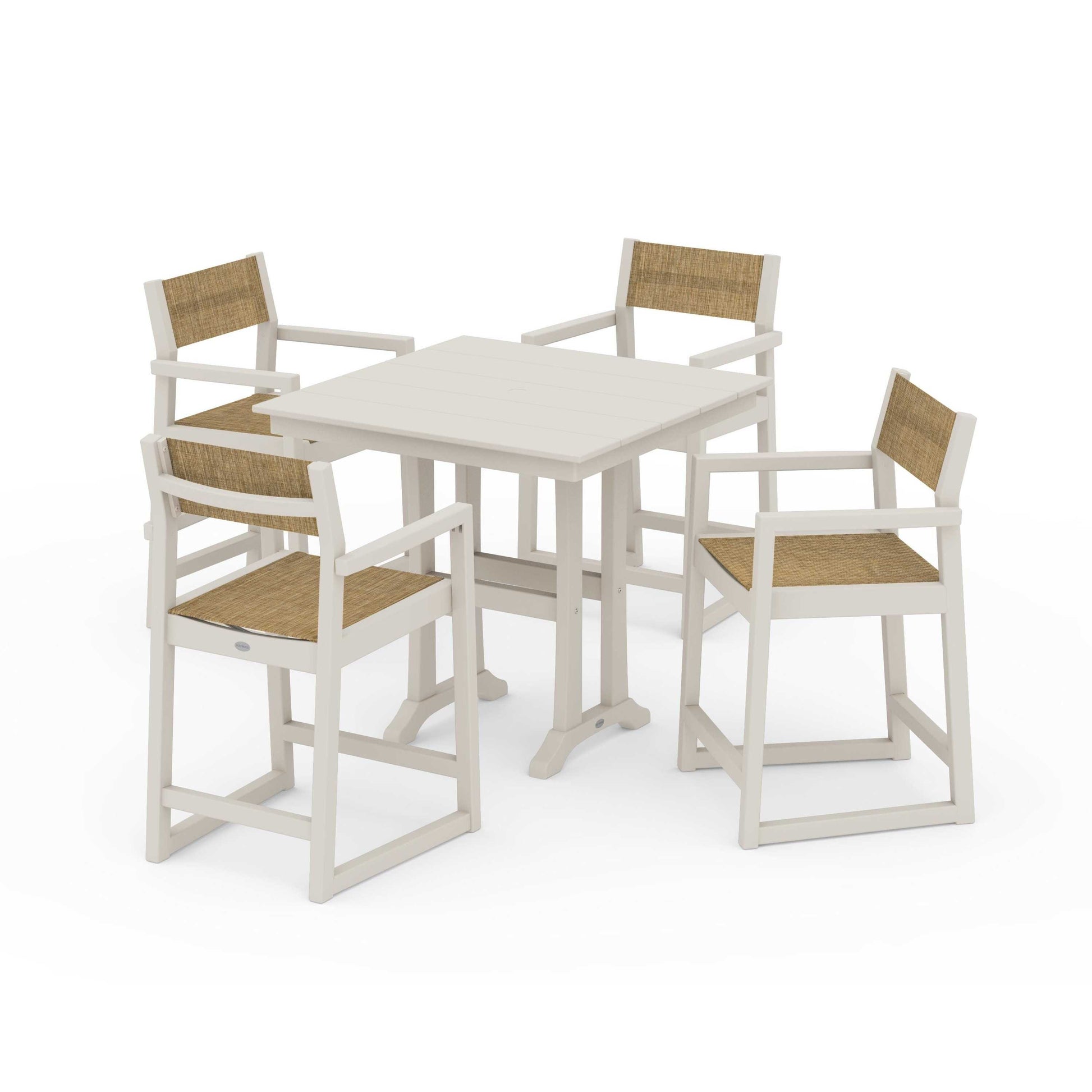 POLYWOOD EDGE Sling Arm Chair 5-Piece Farmhouse Counter Set with Trestle Legs — Sand / Burlap Sling