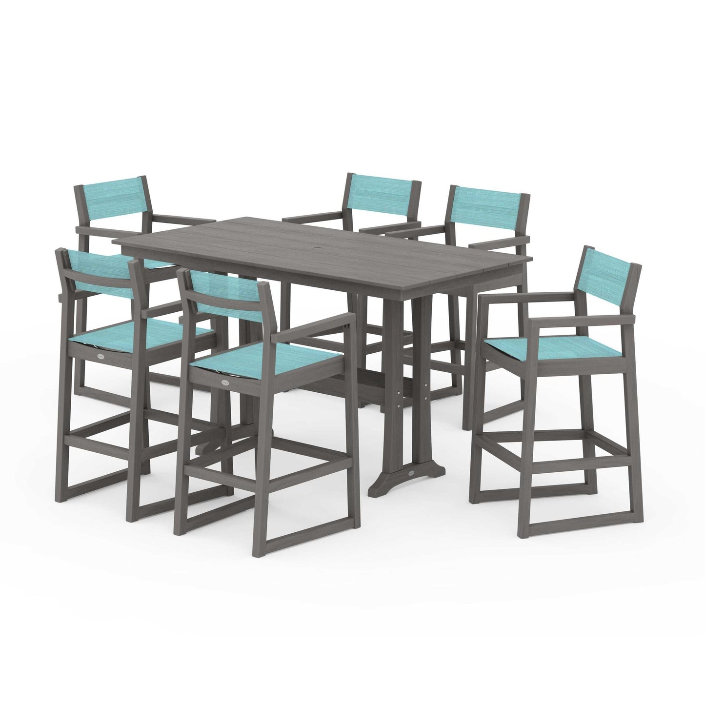 POLYWOOD EDGE Sling Arm Chair 7-Piece Farmhouse Bar Set with Trestle Legs — Driftwood / Dupioni Aquamarine Sling