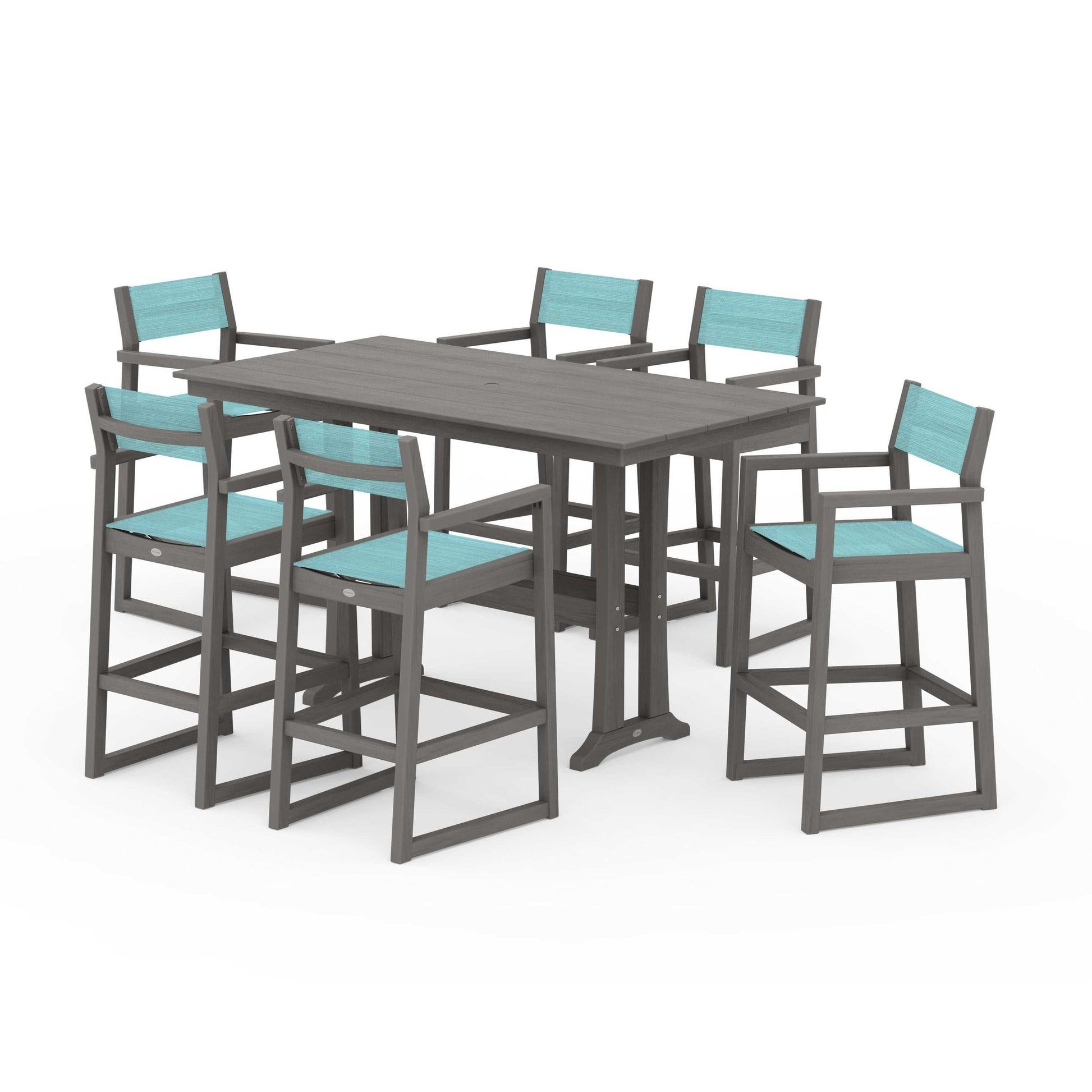 POLYWOOD EDGE Sling Arm Chair 7-Piece Farmhouse Bar Set with Trestle Legs — Driftwood / Dupioni Aquamarine Sling