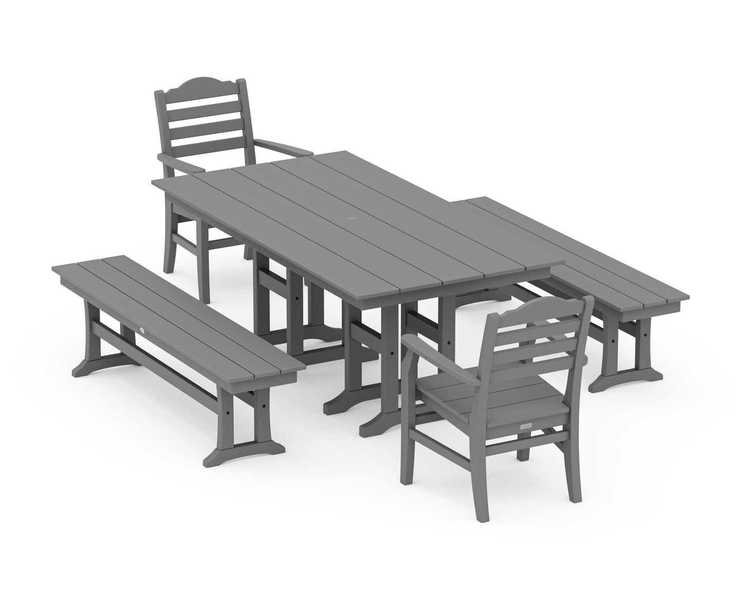 POLYWOOD Savannah 5-Piece Farmhouse Dining Set with Benches — Slate Grey