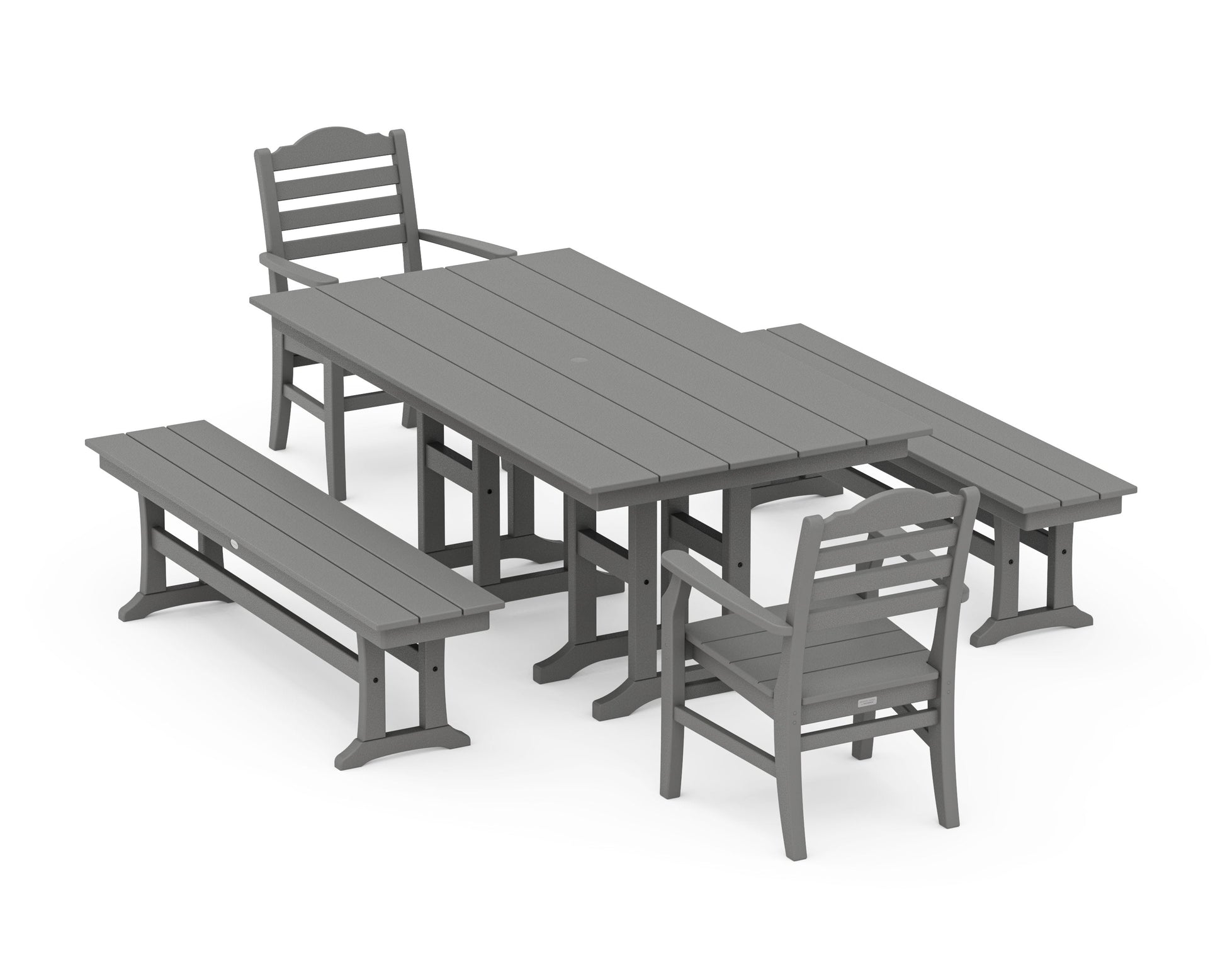 POLYWOOD Savannah 5-Piece Farmhouse Dining Set with Benches — Slate Grey