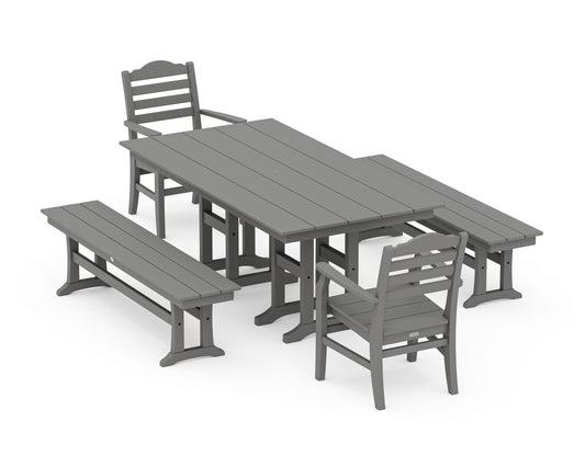 POLYWOOD Savannah 5-Piece Farmhouse Dining Set with Benches — Slate Grey