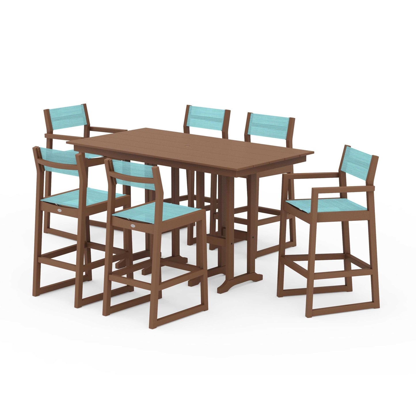 POLYWOOD EDGE Sling 7-Piece Farmhouse Bar Set — Teak / Dupioni Aquamarine Sling