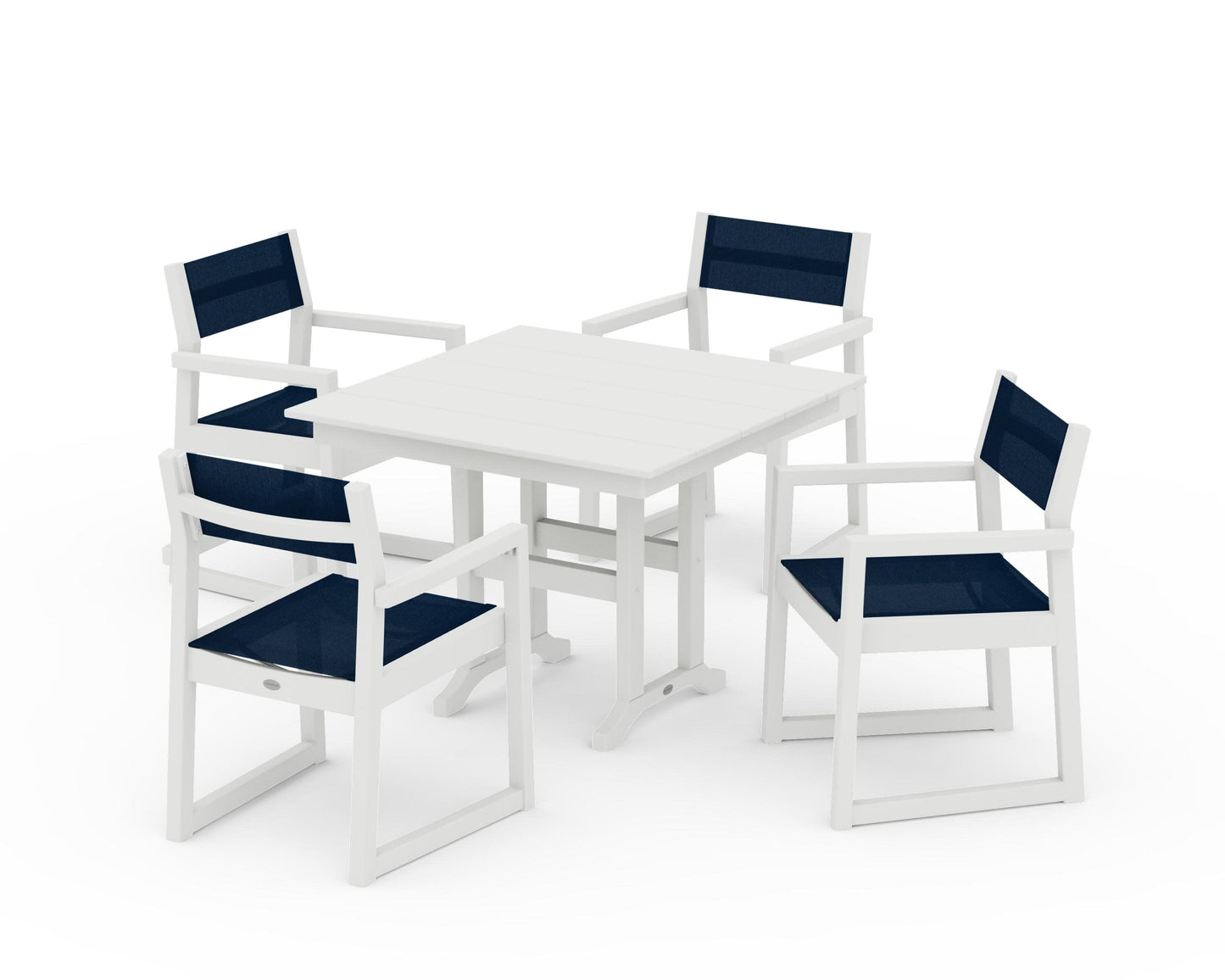 POLYWOOD EDGE Sling Arm Chair 5-Piece Farmhouse Dining Set — Vintage White / Navy Blue Sling