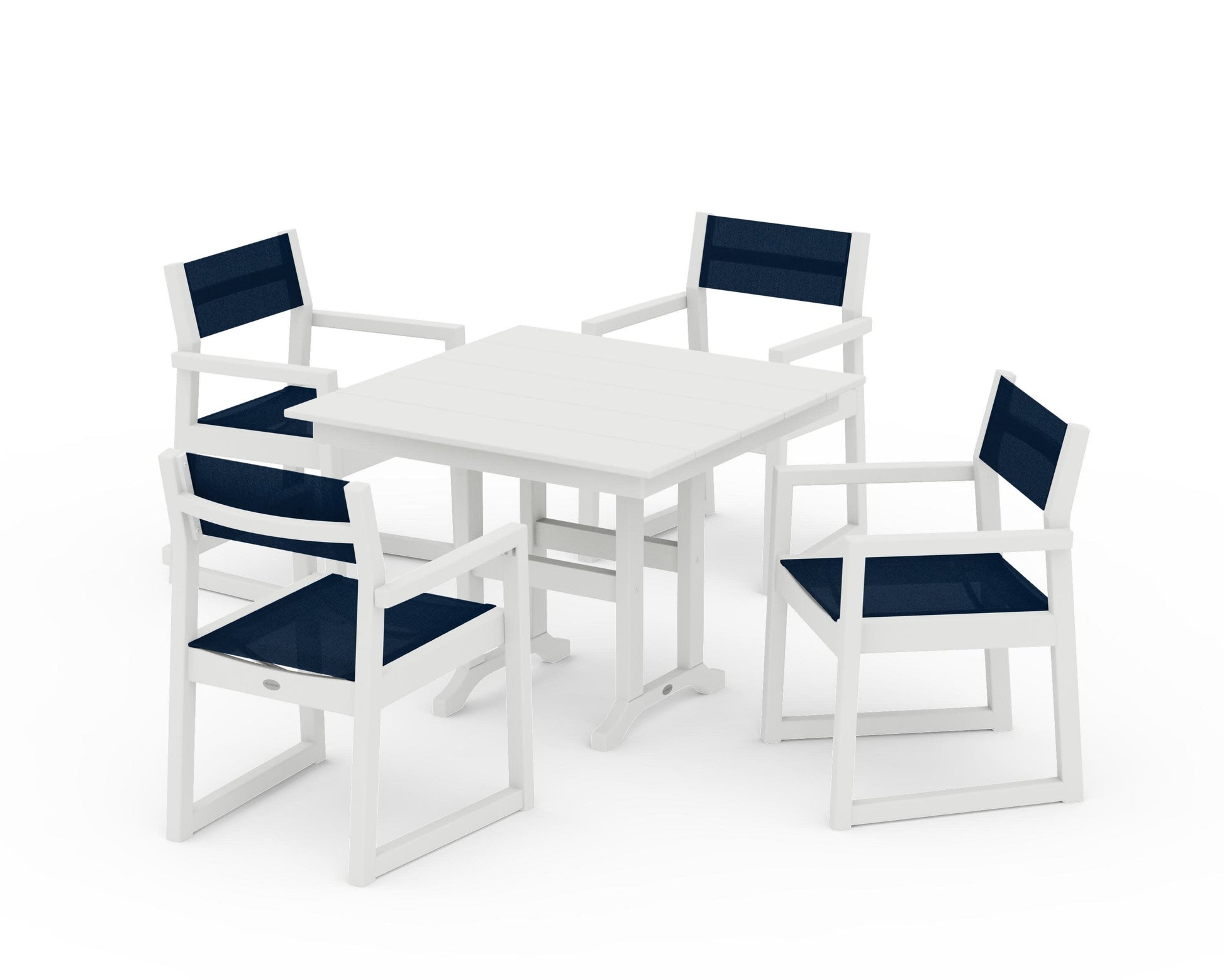POLYWOOD EDGE Sling Arm Chair 5-Piece Farmhouse Dining Set — Vintage White / Navy Blue Sling