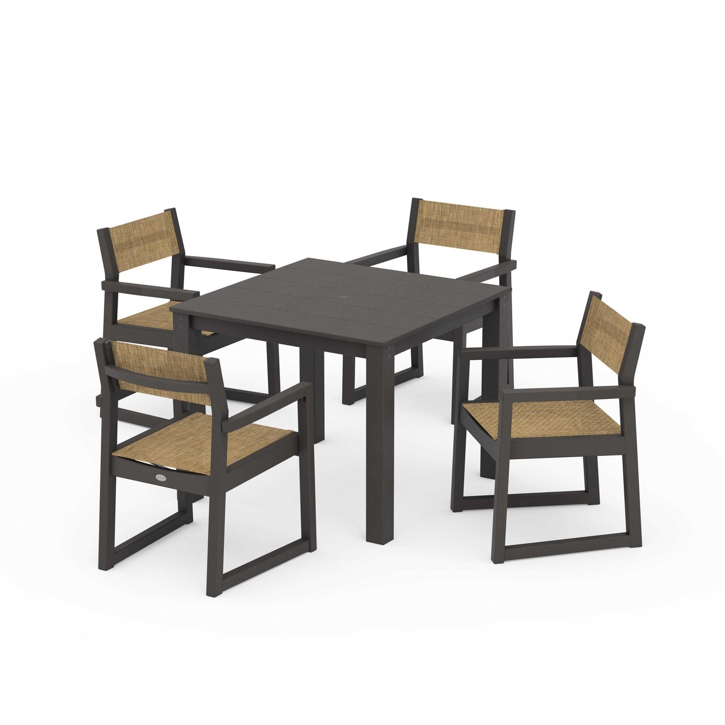 POLYWOOD EDGE Sling Arm Chair 5-Piece Parsons Dining Set — Vintage Coffee / Burlap Sling