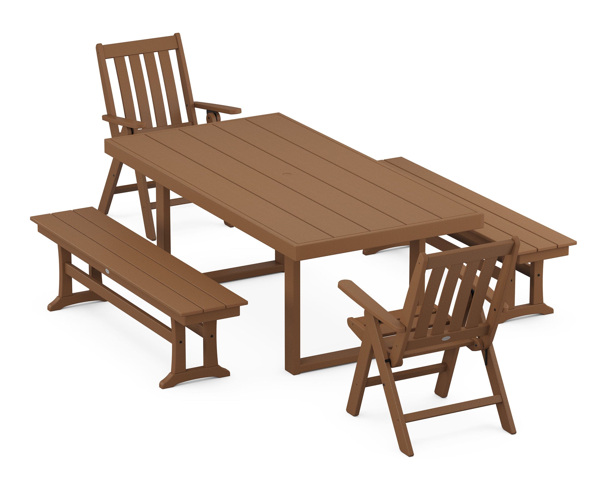 POLYWOOD Vineyard Folding Chair 5-Piece Dining Set with Benches — Teak