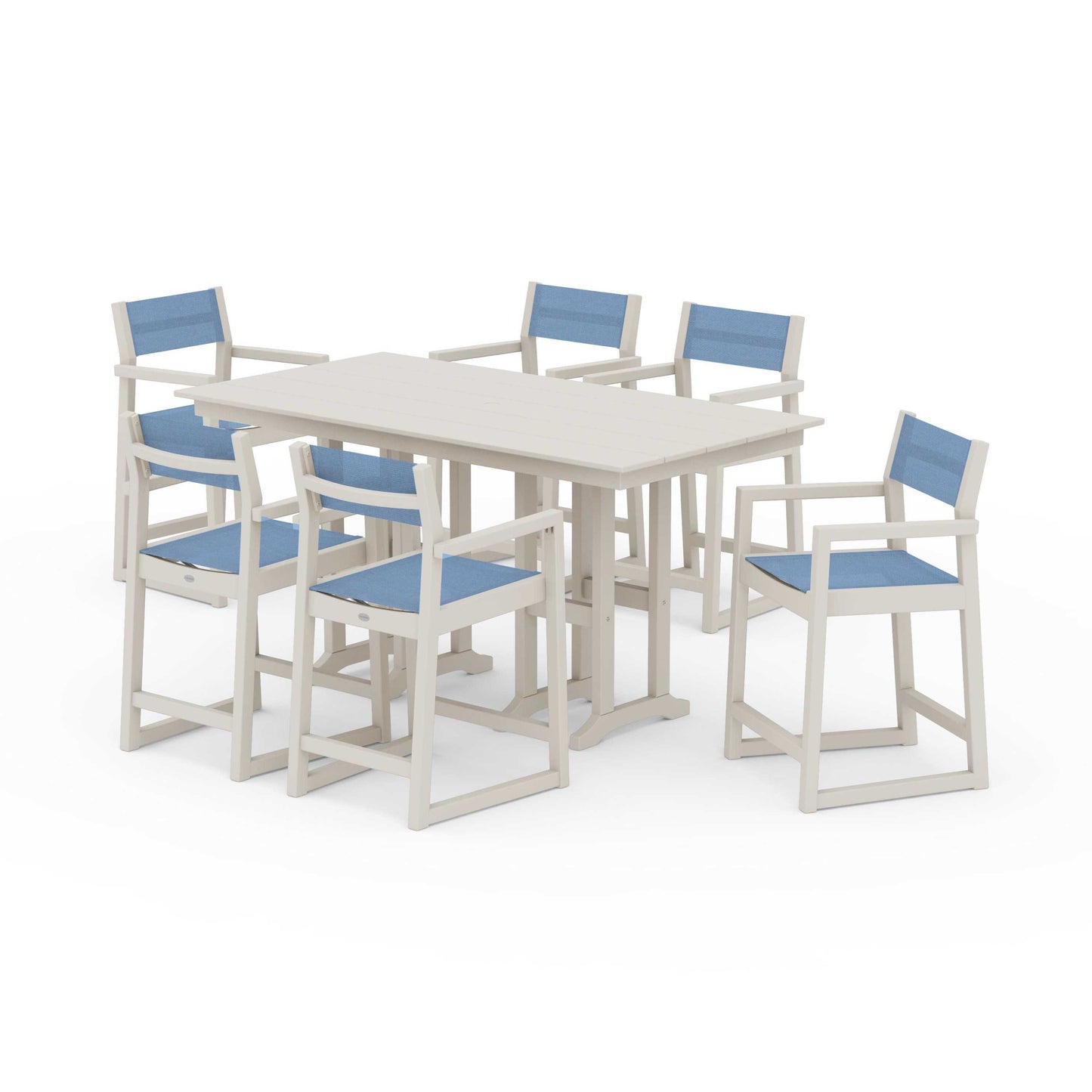 POLYWOOD EDGE Sling Arm Chair 7-Piece Farmhouse Counter Set — Sand / Poolside Sling