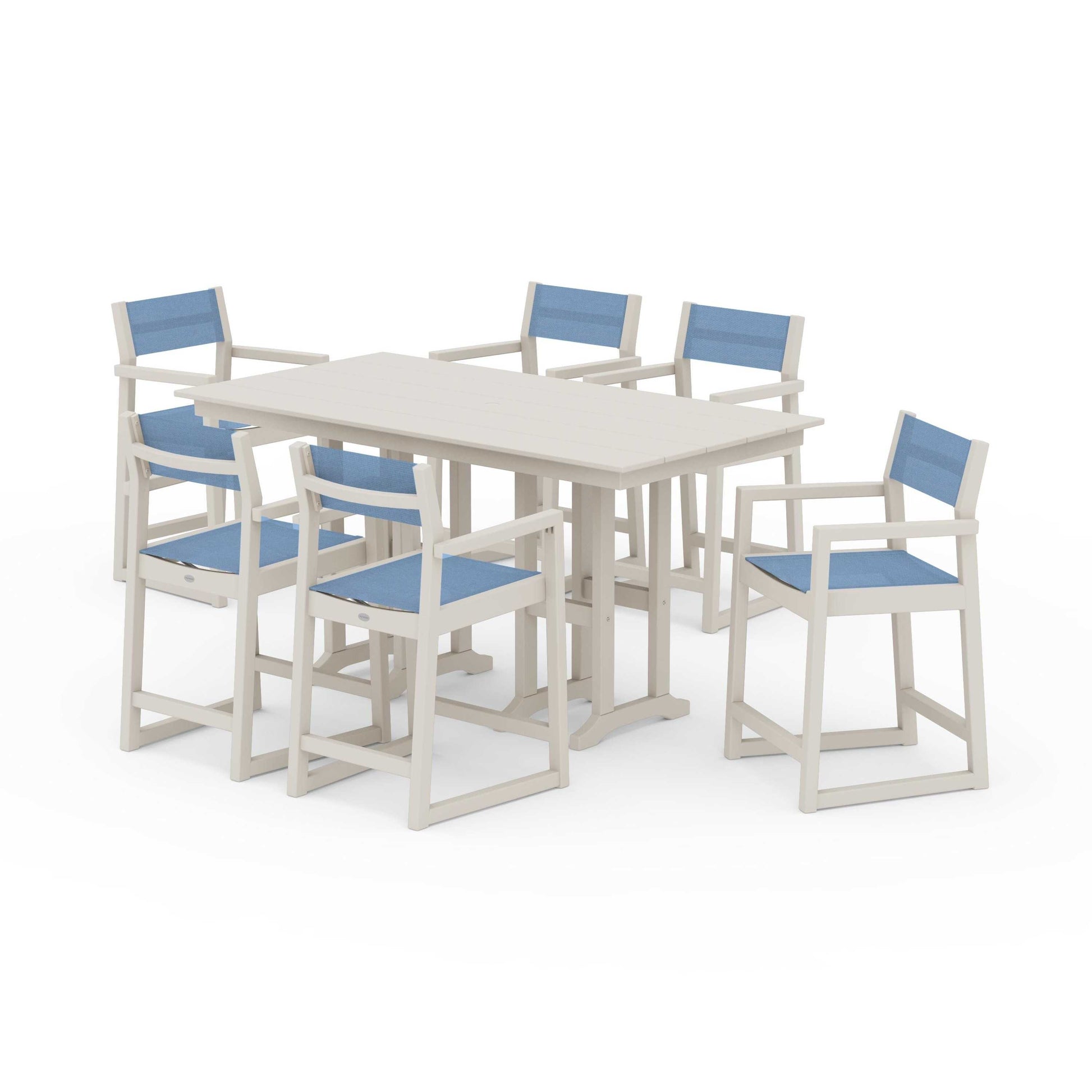 POLYWOOD EDGE Sling Arm Chair 7-Piece Farmhouse Counter Set — Sand / Poolside Sling