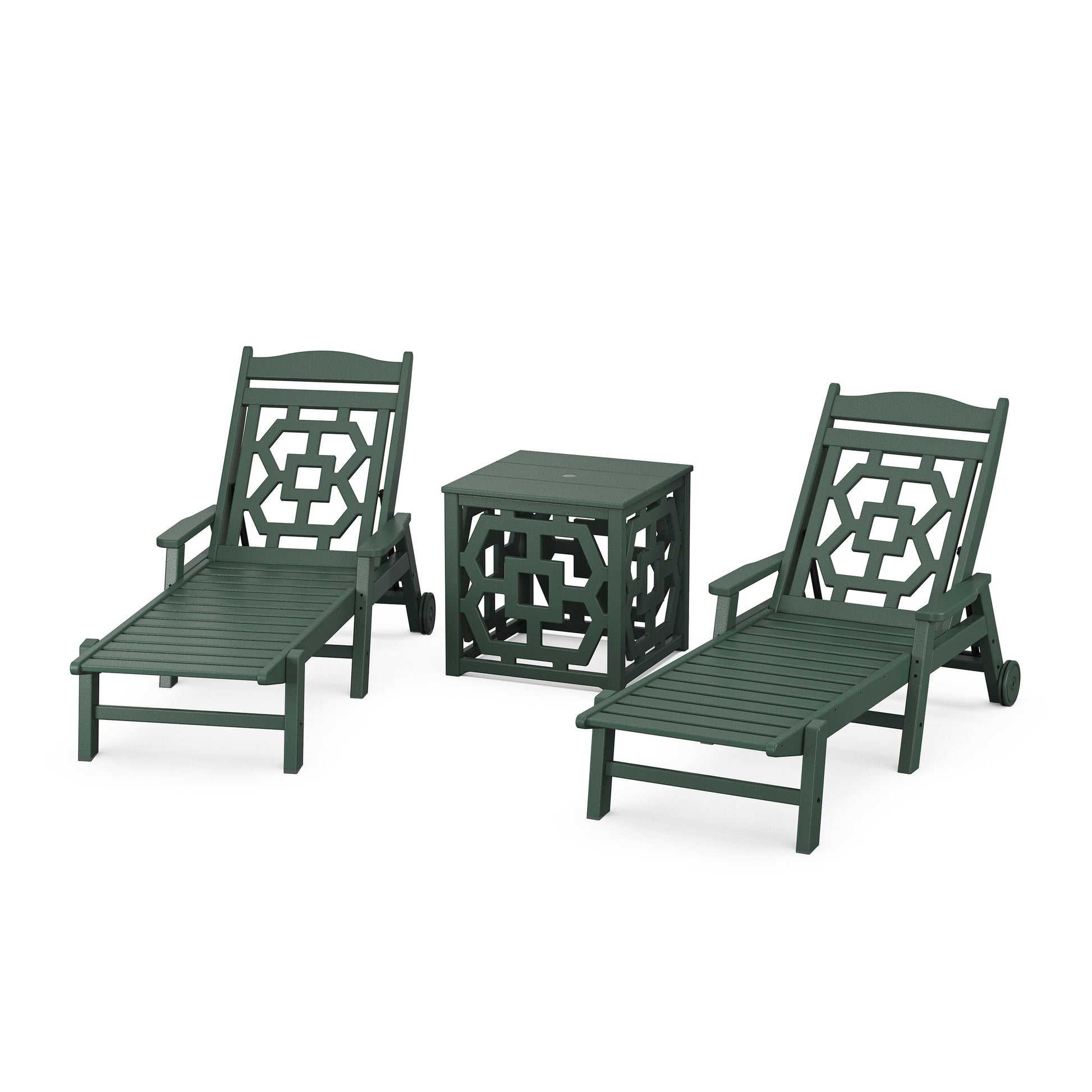 POLYWOOD Chinoiserie 3-Piece Chaise Set with Umbrella Stand Accent Table — Green