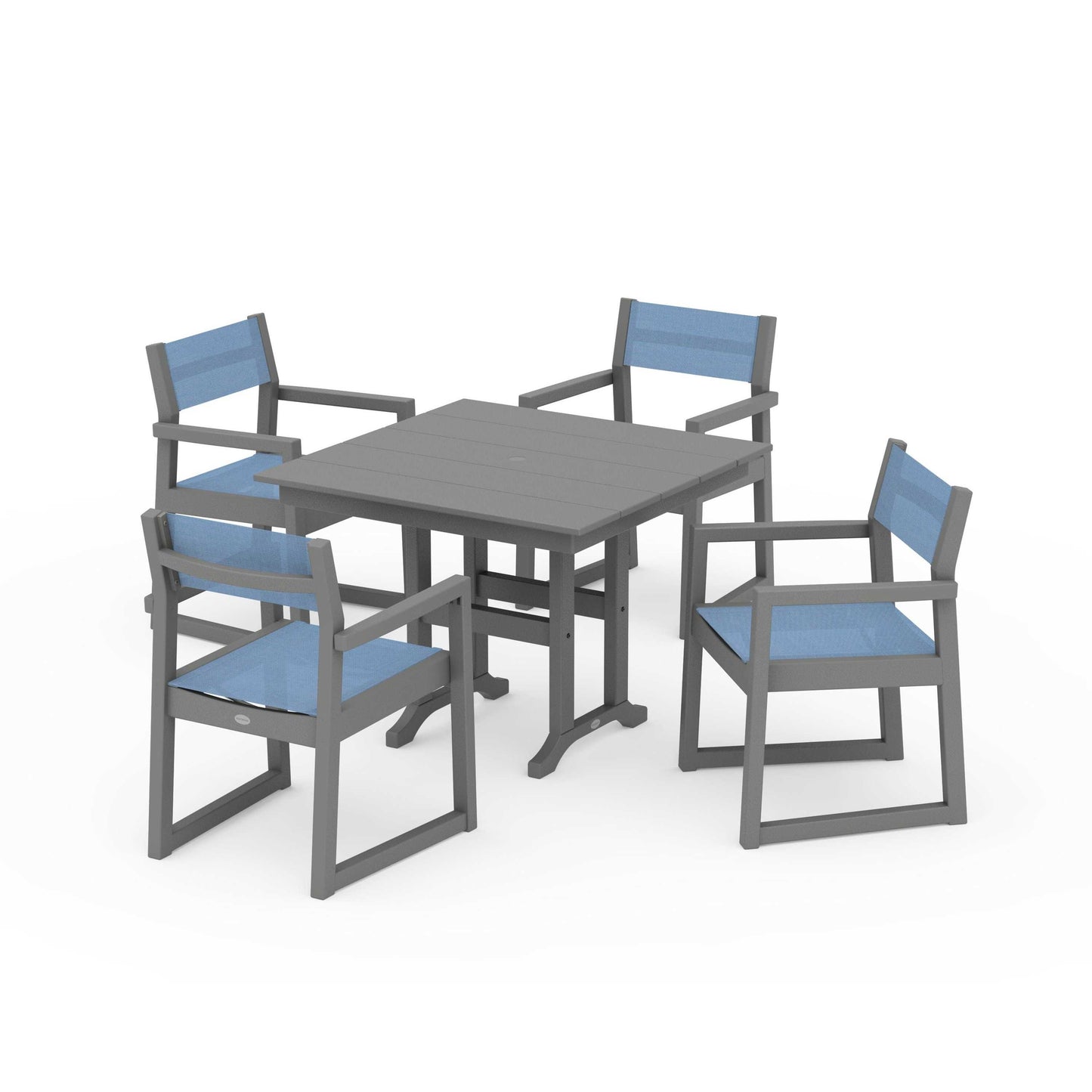 POLYWOOD EDGE Sling Arm Chair 5-Piece Farmhouse Dining Set — Slate Grey / Poolside Sling