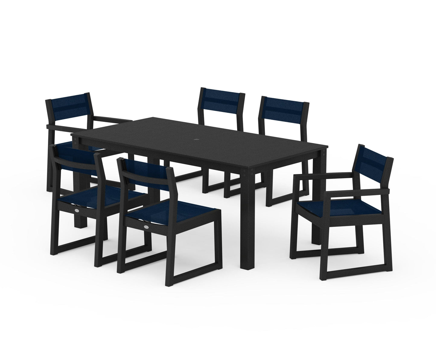 POLYWOOD EDGE Sling 7-Piece Parsons Dining Set — Black / Navy Blue Sling