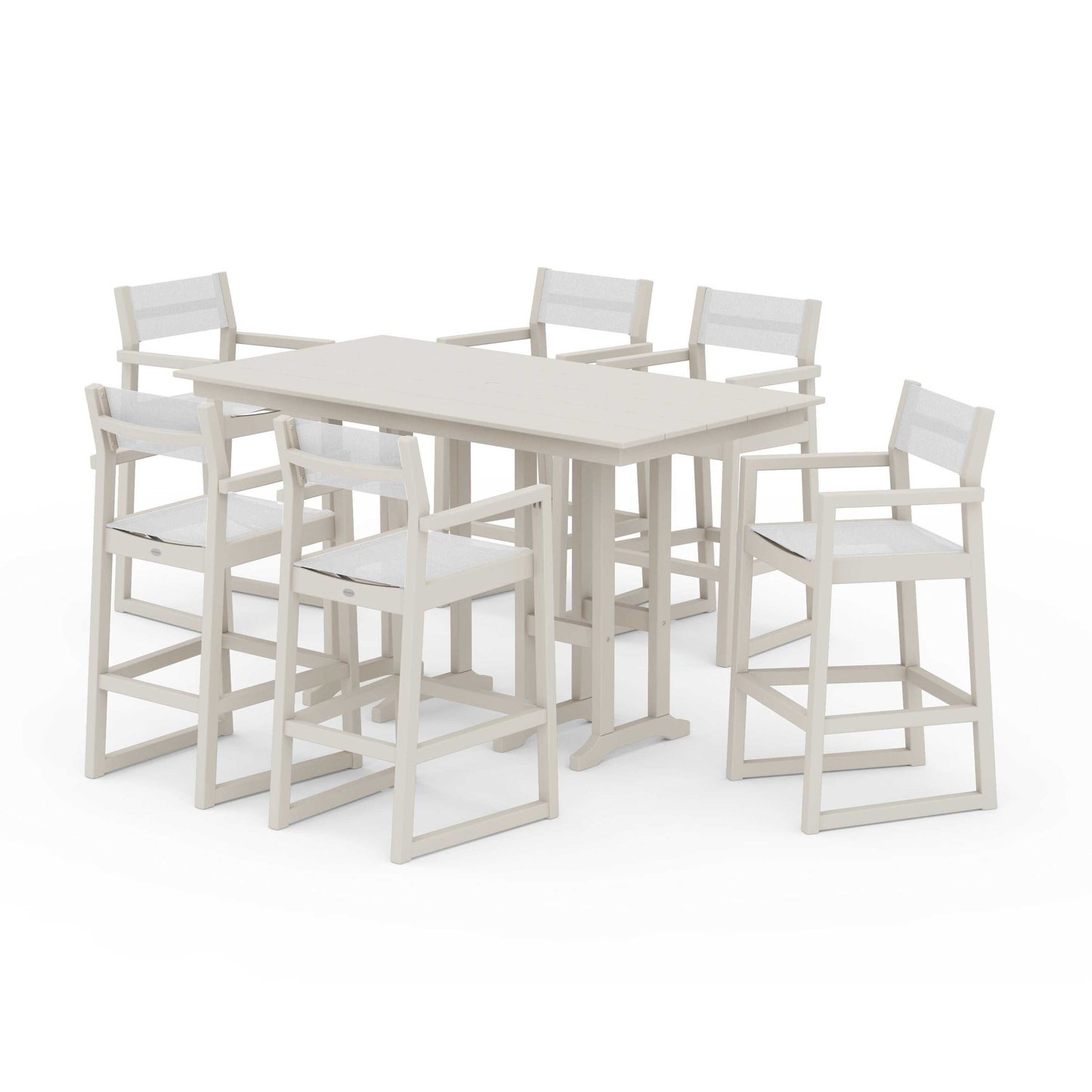 POLYWOOD EDGE Sling Arm Chair 7-Piece Farmhouse Bar Set — Sand / White Sling