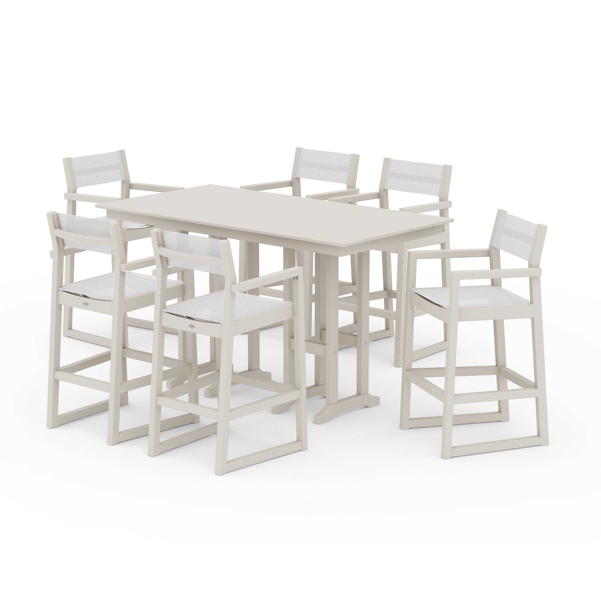 POLYWOOD EDGE Sling Arm Chair 7-Piece Farmhouse Bar Set — Sand / White Sling