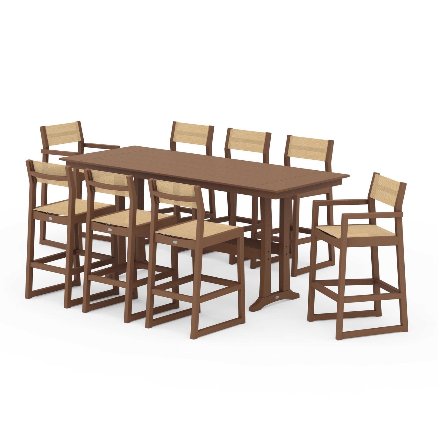 POLYWOOD EDGE Sling 9-Piece Farmhouse Bar Set with Trestle Legs — Teak / Dupioni Apricot Sling