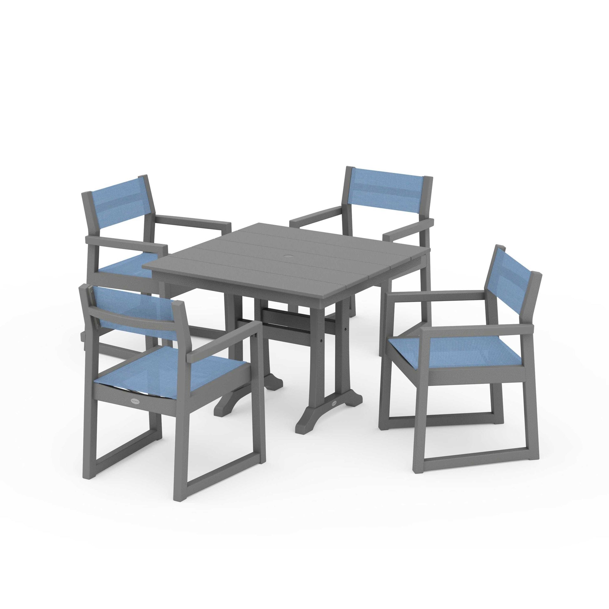 POLYWOOD EDGE Sling 5-Piece Farmhouse Dining Set with Trestle Legs — Slate Grey / Poolside Sling
