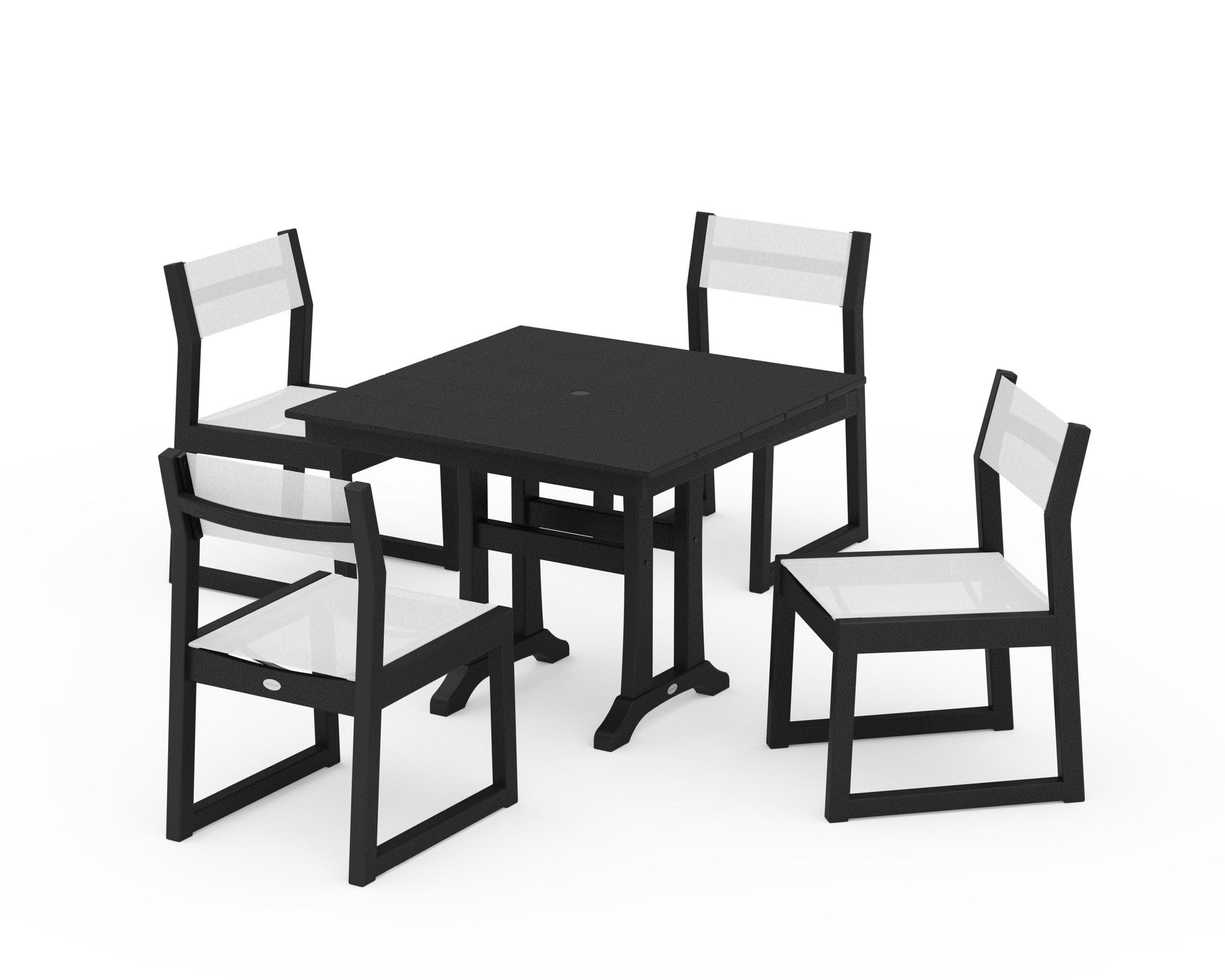 POLYWOOD EDGE Sling 5-Piece Farmhouse Trestle Side Chair Dining Set — Black / White Sling