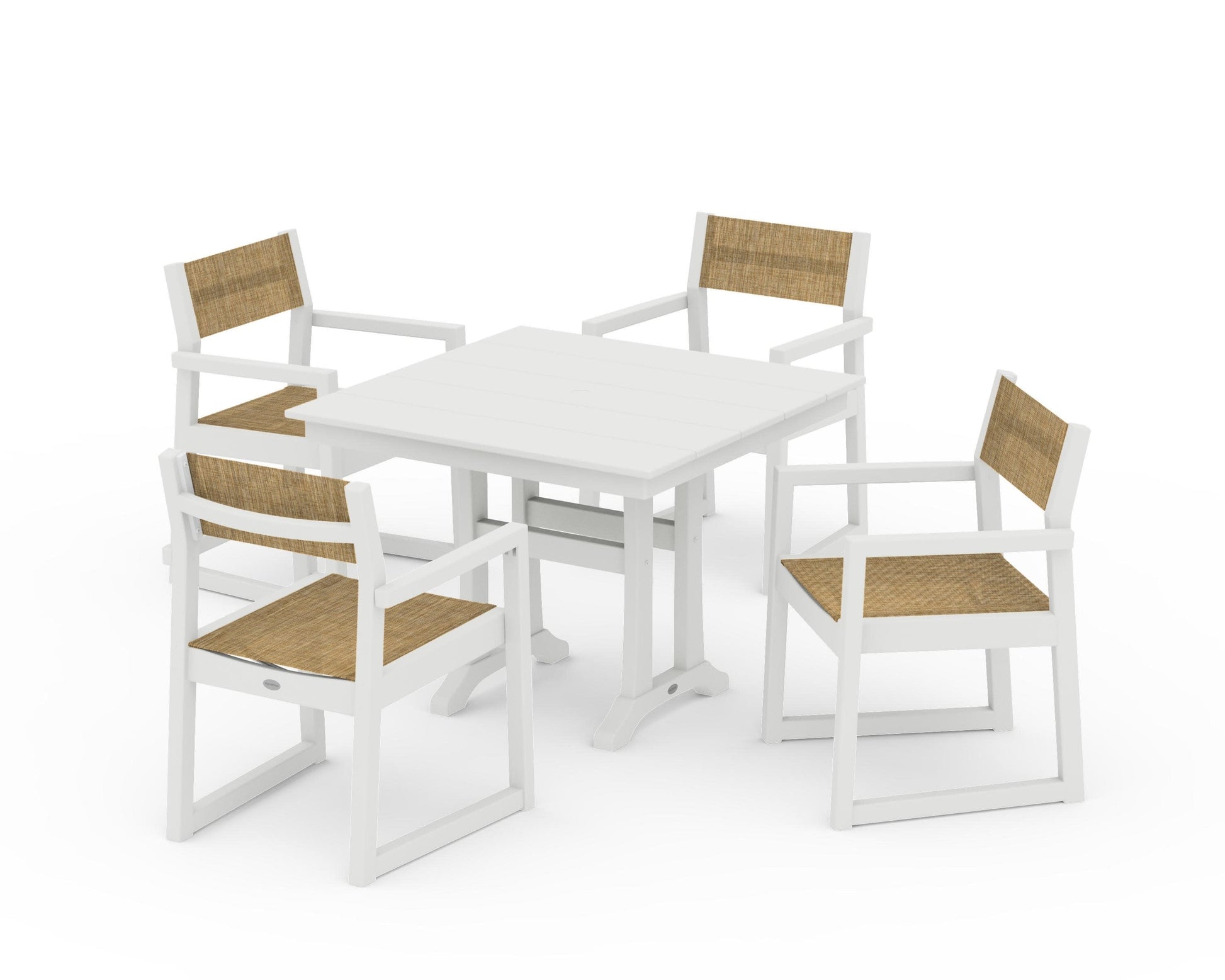 POLYWOOD EDGE Sling 5-Piece Farmhouse Dining Set with Trestle Legs — Vintage White / Burlap Sling