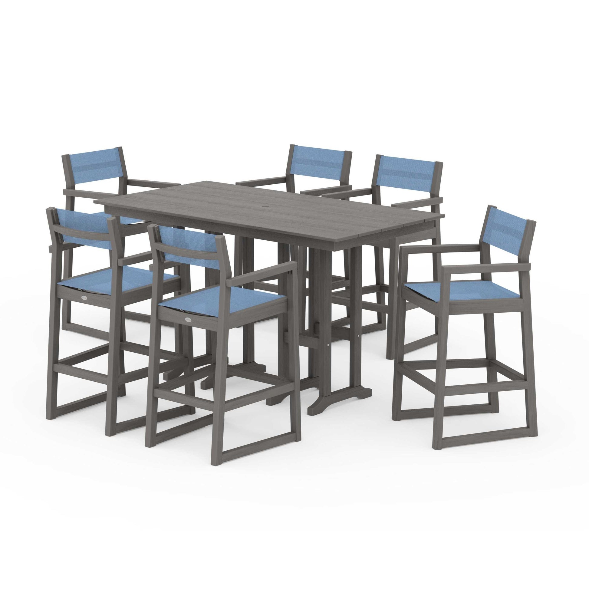 POLYWOOD EDGE Sling Arm Chair 7-Piece Farmhouse Bar Set — Driftwood / Poolside Sling