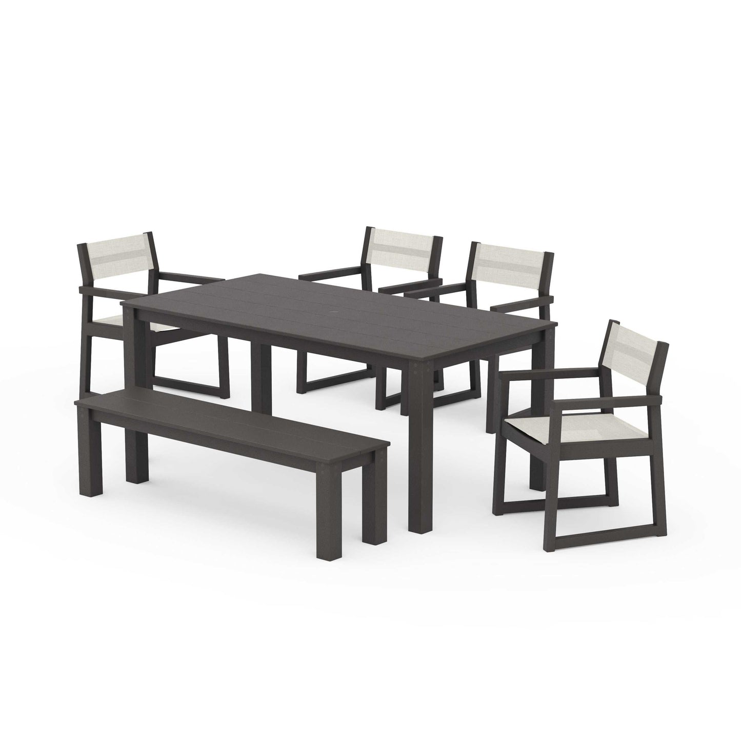 POLYWOOD EDGE Sling Arm Chair 6-Piece Parsons Dining Set with Bench — Vintage Coffee / Parchment Sling