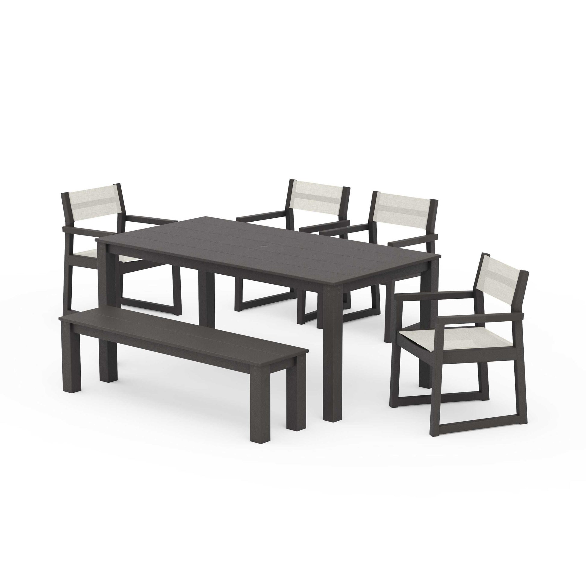 POLYWOOD EDGE Sling Arm Chair 6-Piece Parsons Dining Set with Bench — Vintage Coffee / Parchment Sling