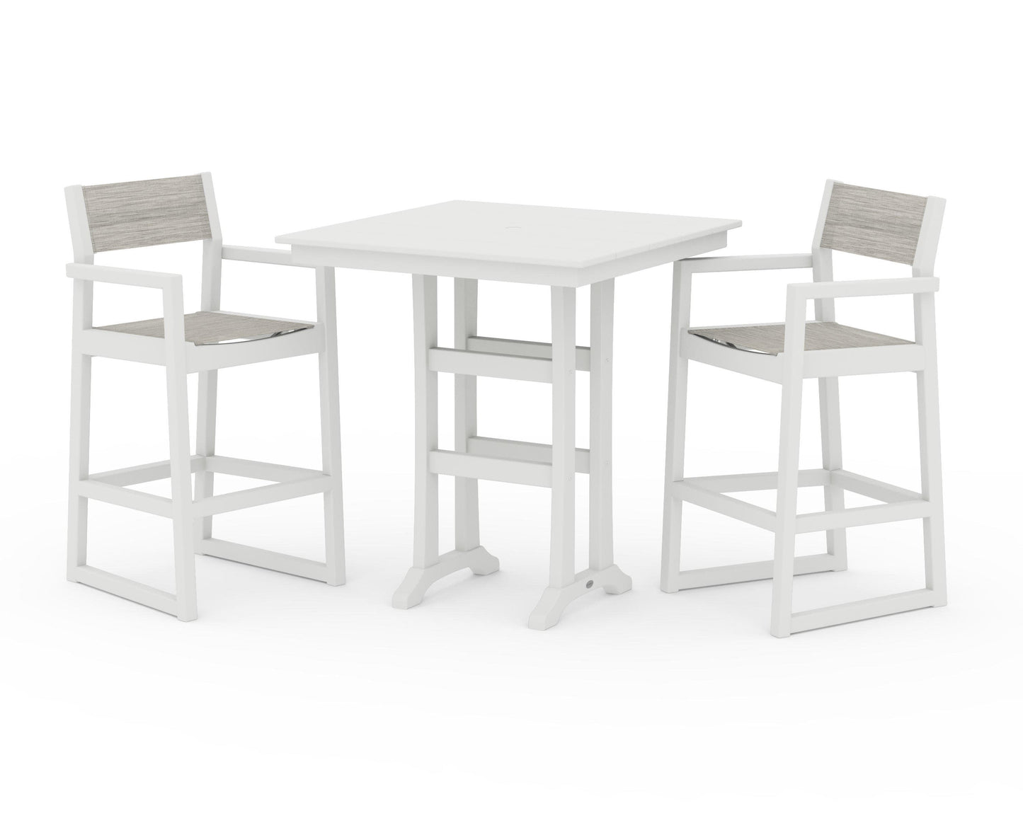 POLYWOOD EDGE Sling Arm Chair 3-Piece Farmhouse Bar Set with Trestle Legs — Vintage White / Birch Sling